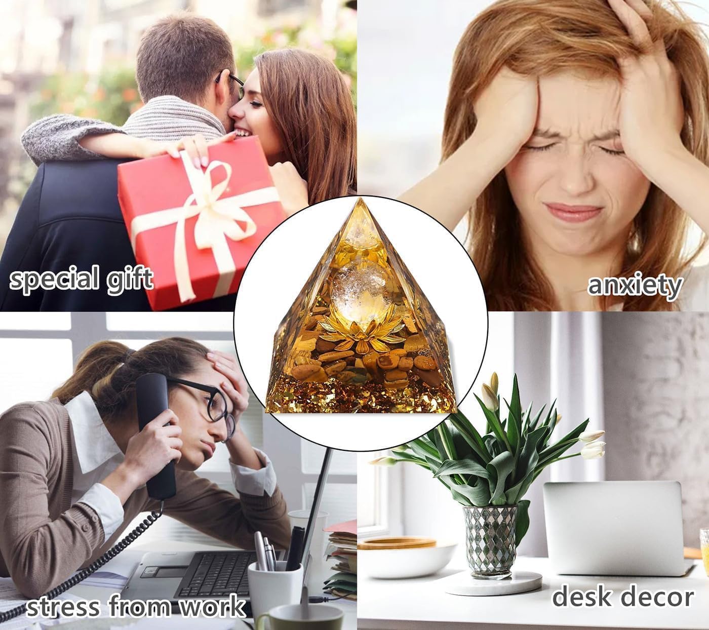 Orgone Pyramid Flower of Life Orgonite Money Healing Crystals Pyramid for Positive Energy with Tiger's Eye Stones and Luck White Crystal That Promotes Wealth, Prosperity and attracts Success - Image 7