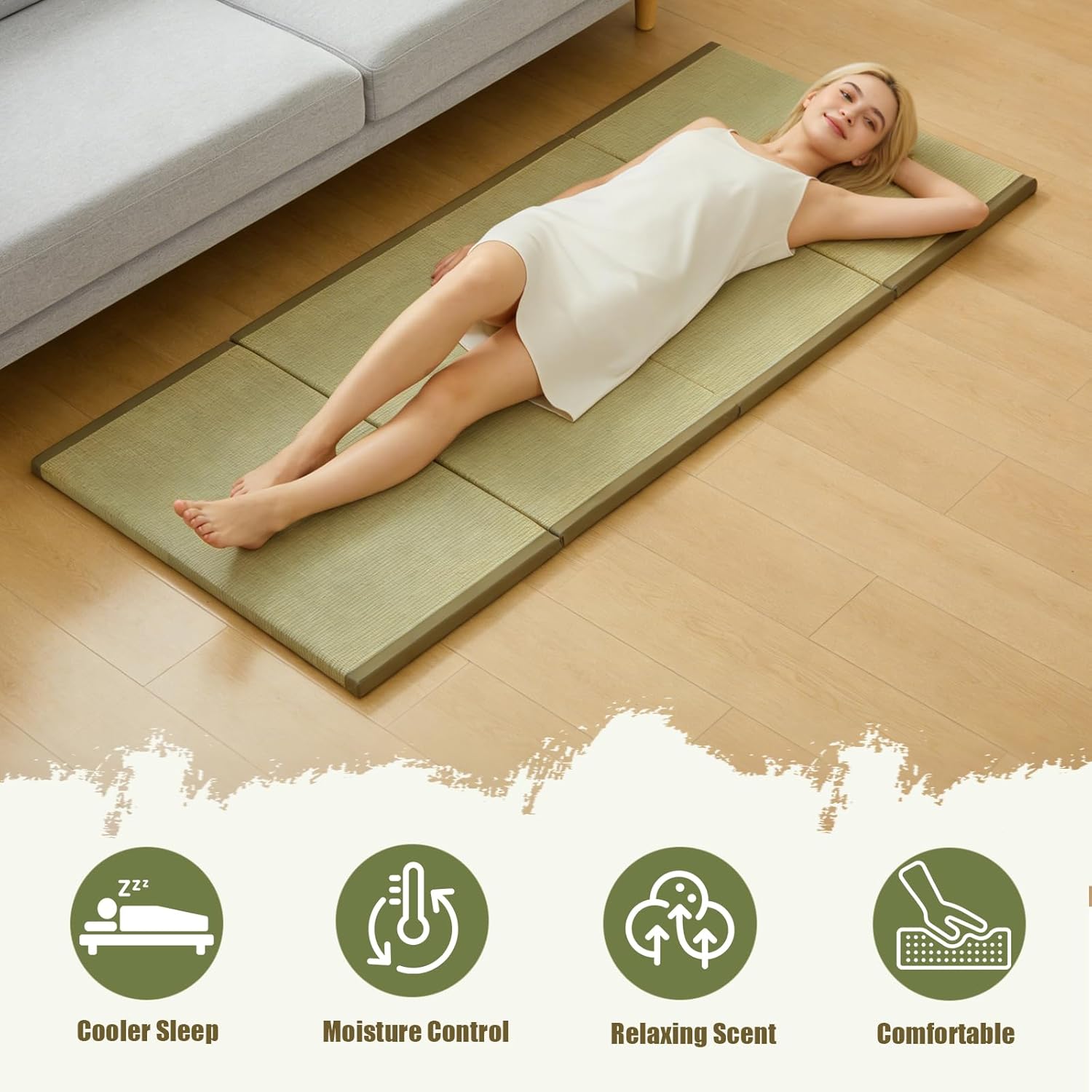 HAGiHARA Japanese Tatami Mat,Rush Grass Portable Folding Mat,Futon Mattress Traditional Floor for Meditation,Yoga,Sleeping or Summer Use,35.4"x78.7"x0.8" - Image 5