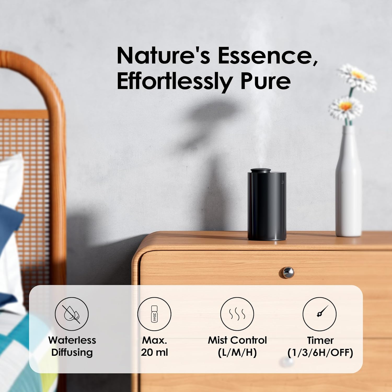Airversa Waterless Diffuser for Essential Oil, Car Diffsuer, Battery Operated Nebulizer, 0.7 Fl Oz/ 20mL, Mini Scent Air Machine, 3 Timers & 3 Mist Levels for Home, Room, Car, Office - AN6 Black - Image 3