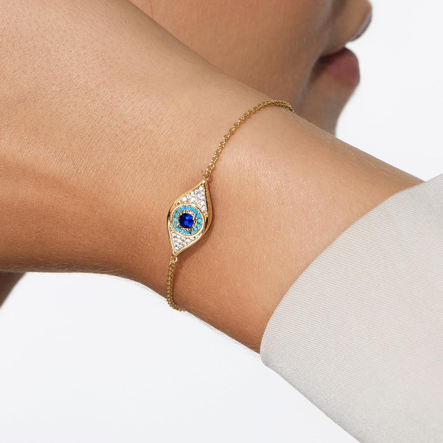 Cicy Bell Evil Eye Bracelets 18k Gold Plated Turquoise Zirconia Link Bracelets Trendy Jewelry Gift for Women Adjustable 5.9" with 1.9'' Extender - Image 3