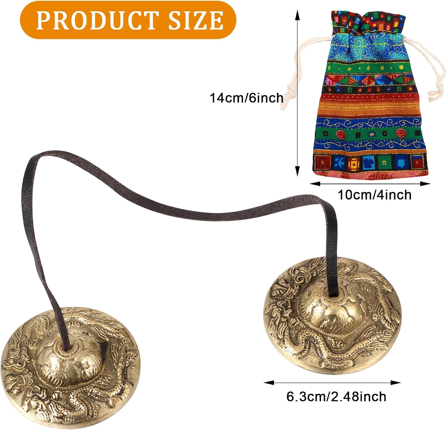 Boao Tibetan Bells Tingsha Cymbals Meditation Chime Bells with Tibetan Drawstring Cloth Bag, 6.3 cm Yoga Finger Meditation Chime for Percussion Instrument(2 Dragons with Bell Embossed) - Image 2