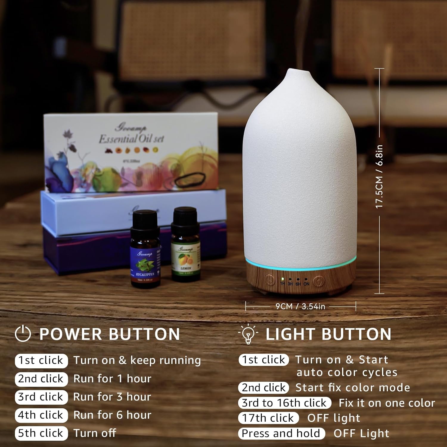 Gooamp 200ML Ceramic Essential Oil Diffuser for Home - Ultrasonic Aromatherapy Diffuser Humidifier with 7 Color LED Lights, Auto Shut-Off, 3 Timers for Bedroom, Office, Yoga, Wood Grain Base - Image 7