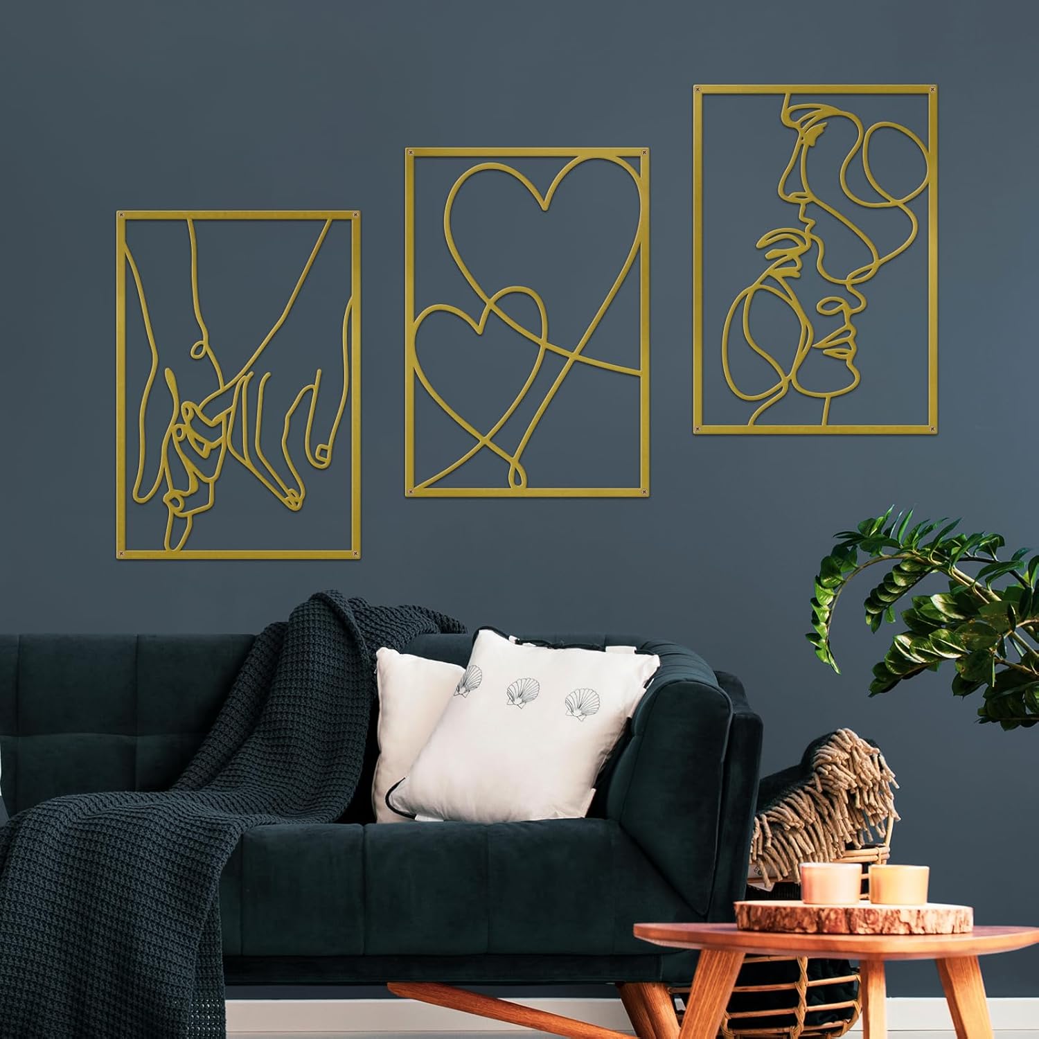 3 Pieces Metal Minimalist Line Wall Art, Valentine's Day Lover Kiss Hand Metal Wall Decor, Aesthetic Modern Home Hanging Wall Art Decor for Bedroom Bathroom Living Room (Gold) - Image 2
