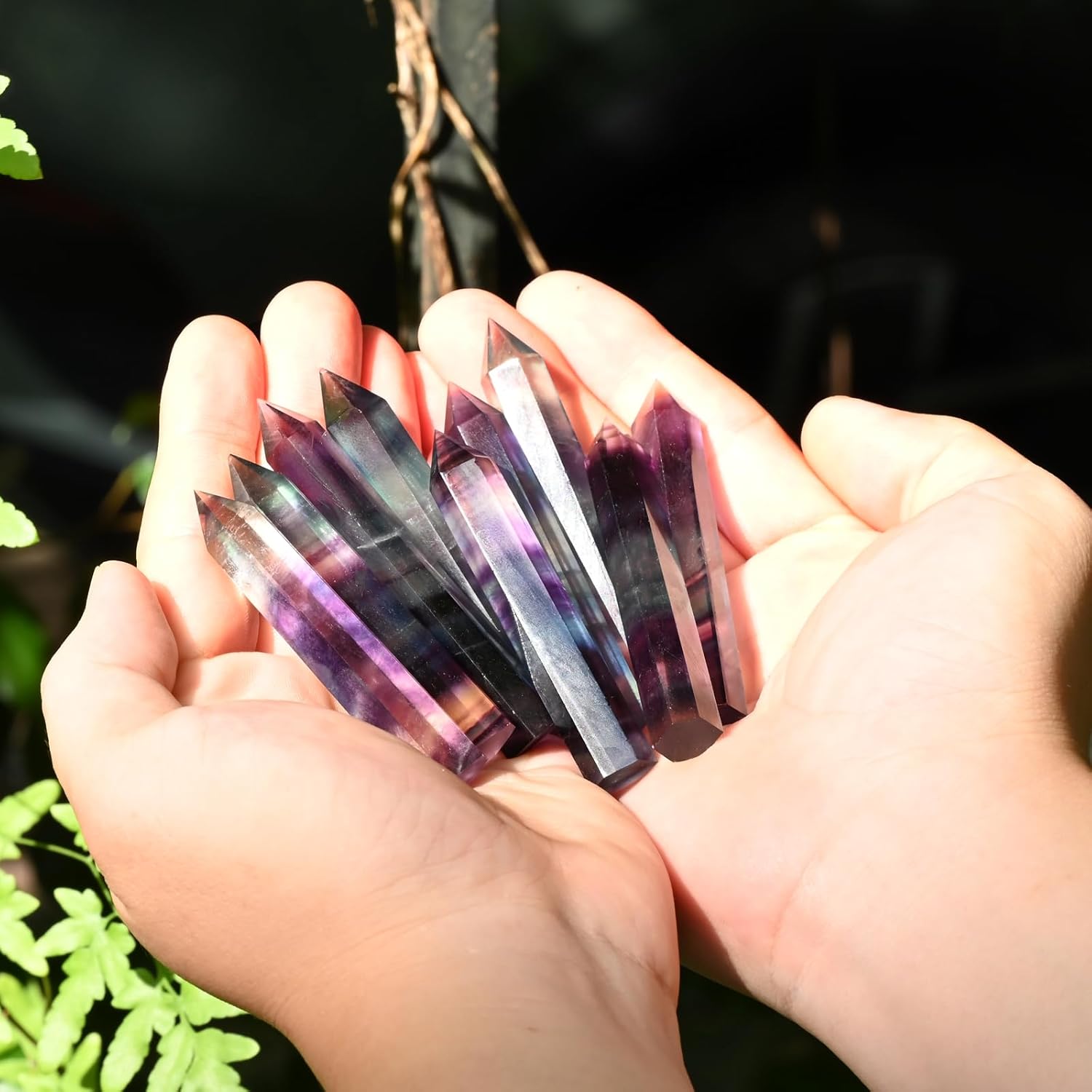 WHAL&YUNE Gemstone Wands 1PC, Rainbow Fluorite Hexagonal Wands Gemstone Tower, Natural Hand Carved Pointed Stone Fluorite Crystal for Meditation, Home Decor-3"-3.5"(8-9cm) - Image 2