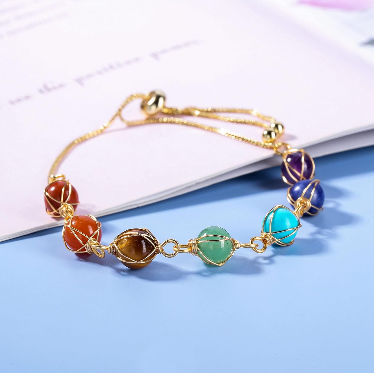 Jovivi 7 Chakra Stones Bracelets for Women Adjustable 14K Gold Wire Wrapped 8mm Natural Round Gemstone Beads Reiki Healing Crystal Ankle Bracelet Yoga Energy Jewelry - Image 2