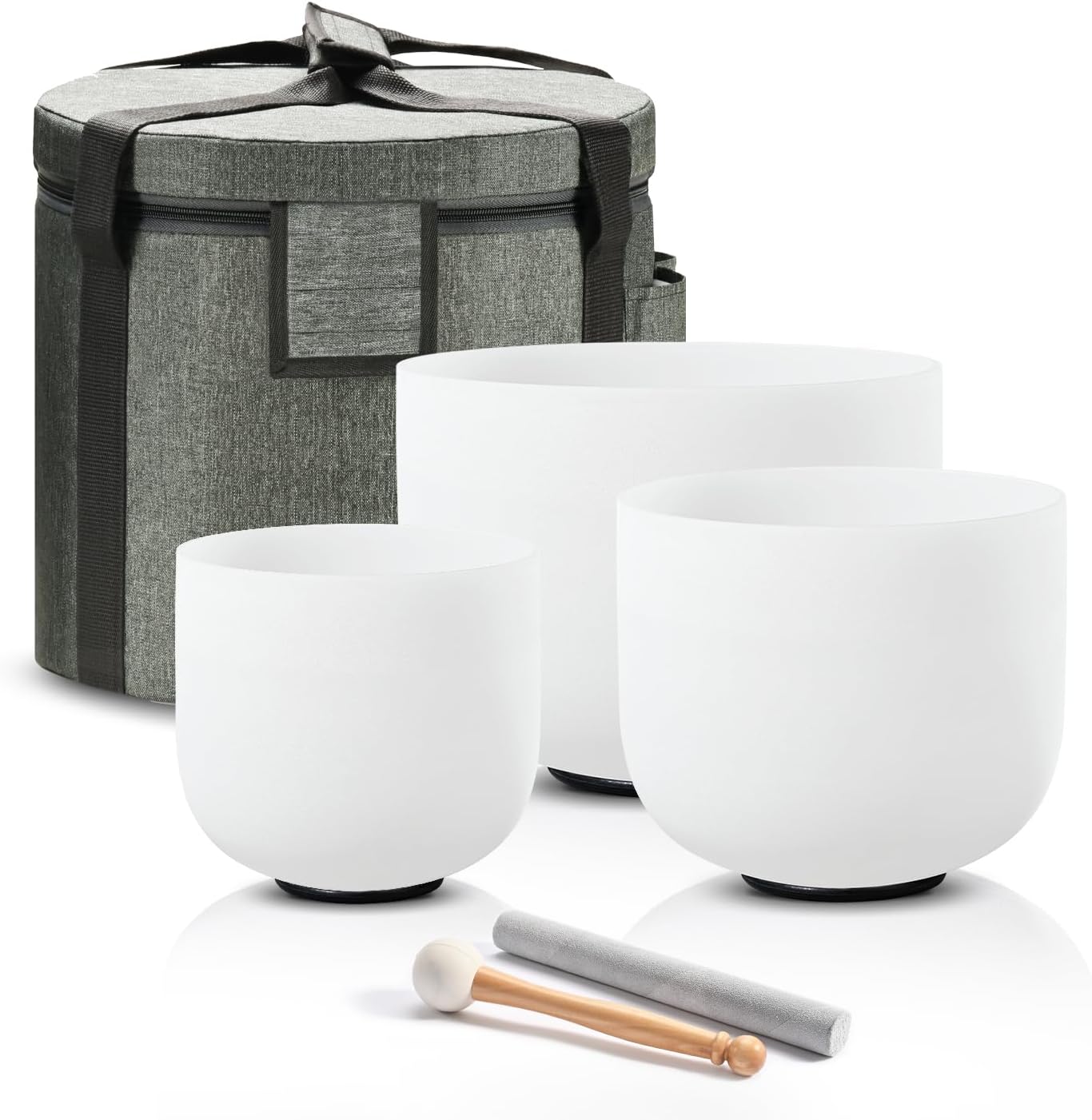 CVNC 432HZ Frosted Quartz Crystal Singing Bowl Chakra 6"A Third-eye, 7"C Root, 8"F Heart Set of 3 with Carry Case Bag for Sound Healing and Meditation