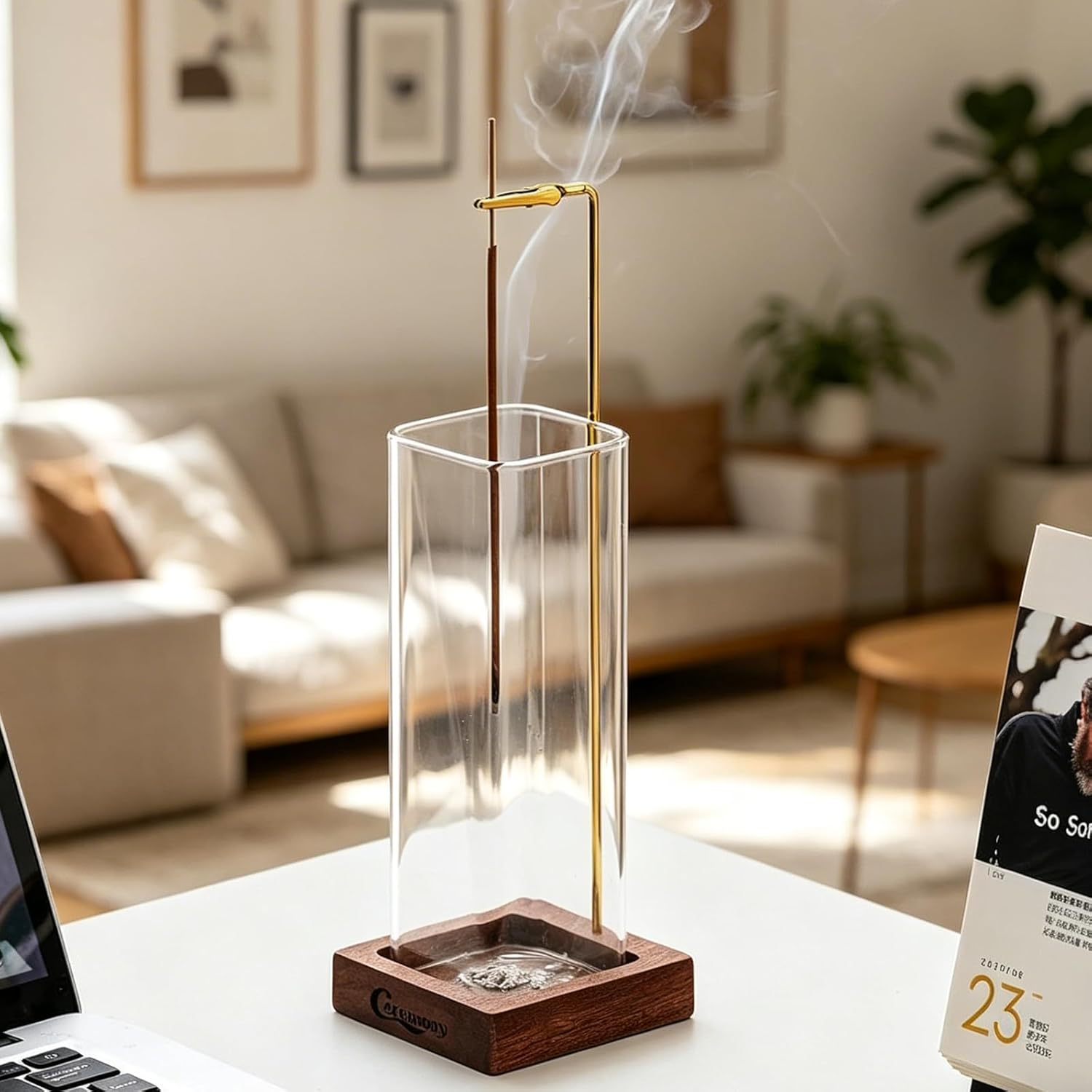 Ceremony Incense Holder, Wooden Incense Holder for Sticks with Glass Ash Catcher, Anti-ash Incense Burner with 20 Incense Sticks and a Ash Brush for Meditation Yoga Spa Room Decor - Image 8