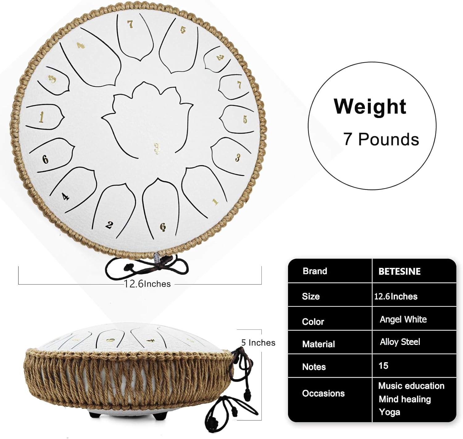 BETESINE 13-Inch 15-Note Steel Tongue Drum, C Major, Angel White | Beginner set with mallets, music book, note labels and carrying bag for practice, meditation, yoga and gifting - Image 3