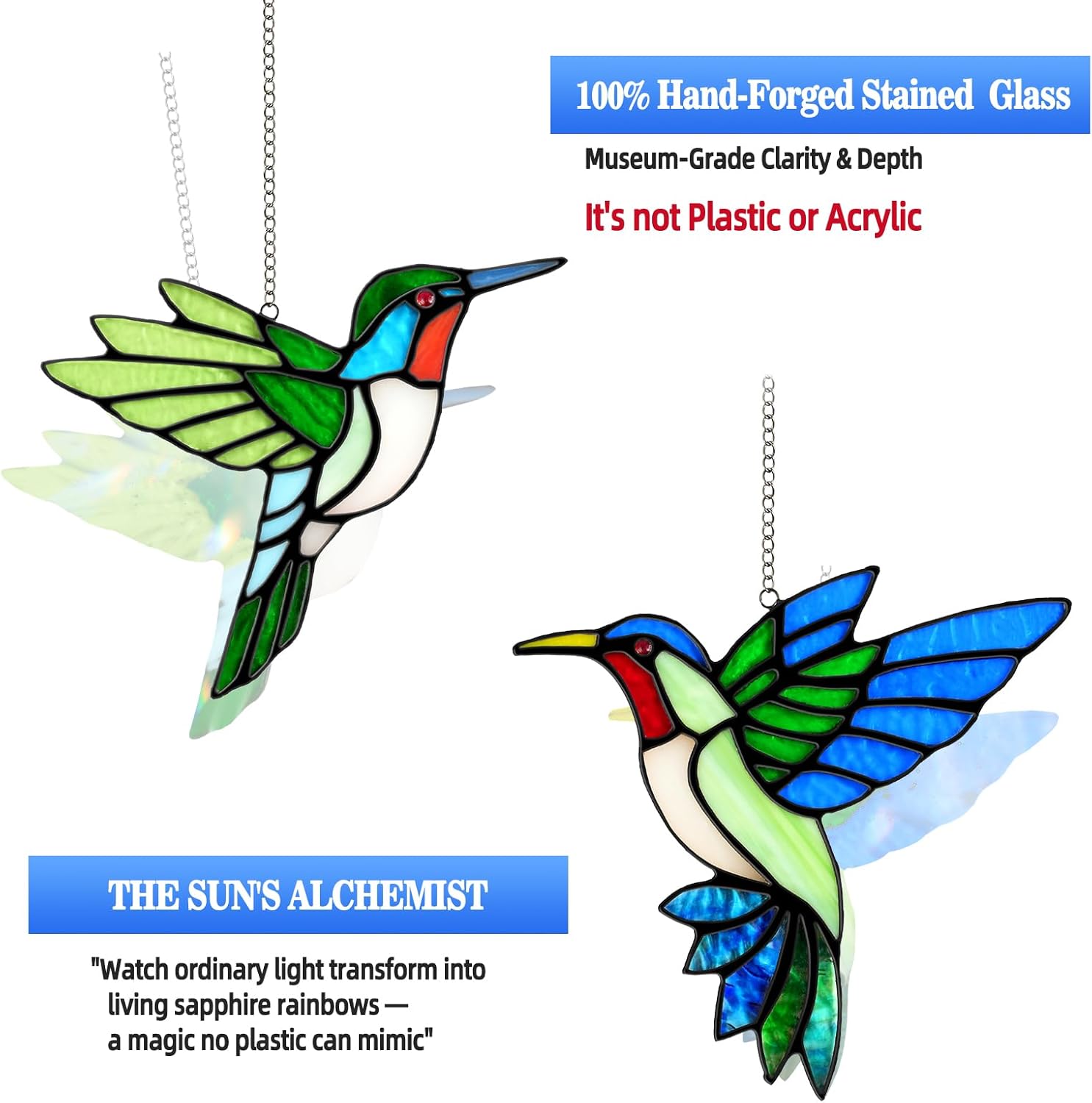 2 Packs Hummingbird Stained Glass Window Hanging Suncatchers - 6 Inch Handmade Real Glass with Copper Foil Edges, Bird Safe Gifts for Women Mom Grandma Bird Lovers(Suction Hooks Included) - Image 2
