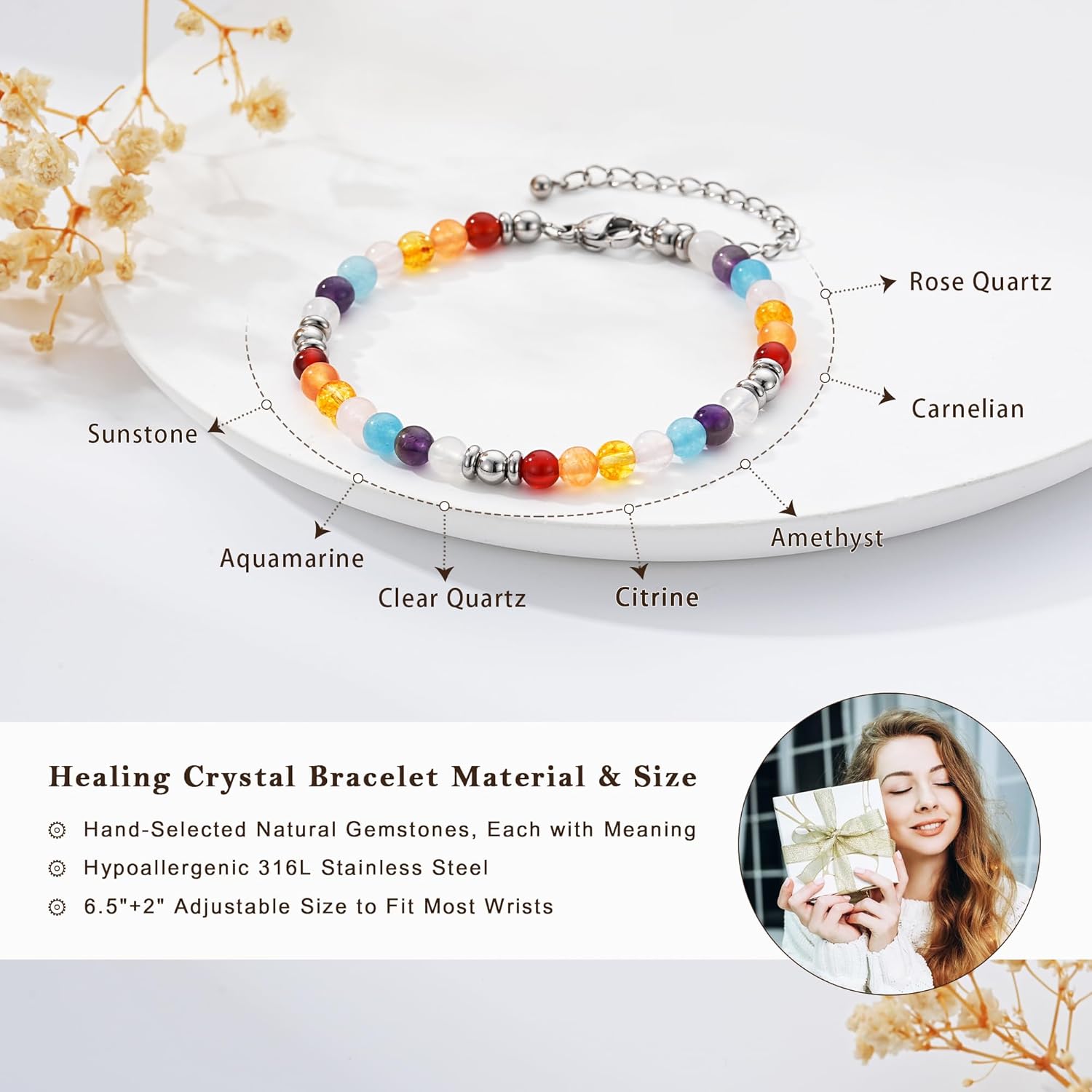 Zocomi Natural Healing Crystal Bracelet for Women, Anxiety Relief Triple Protection 7 Chakras Jewelry Gift for Friends Daughter Mom 6.5+2 Inches - Image 5