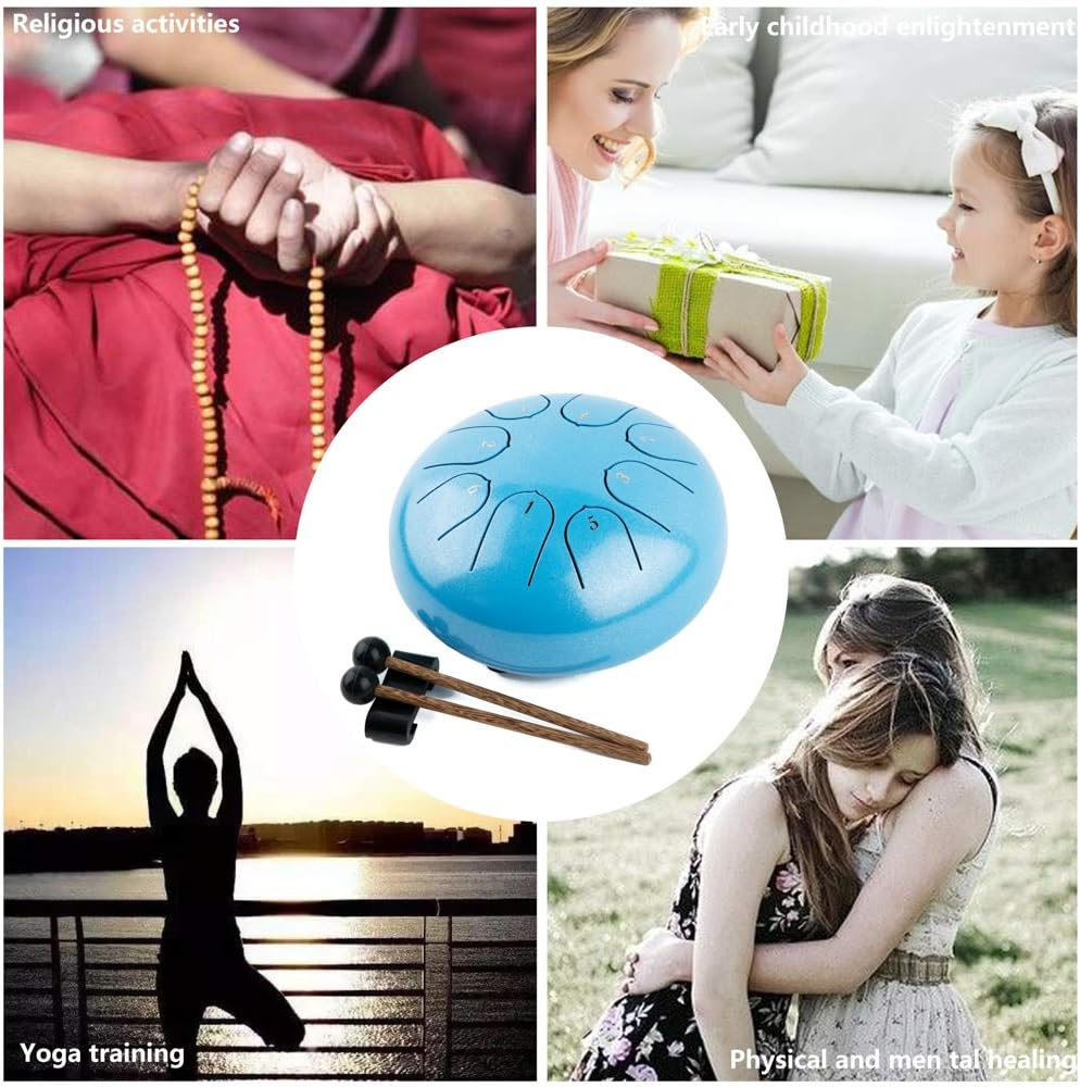 Steel Tongue Drum with Carrying Case: 6 Inch 8 Notes Rain Drum for Outside | Steel Drum with Bag Mallets Music Book Note Stickers for Garden Meditation Yoga Beginner, Key of C, 440Hz, Blue - Image 7