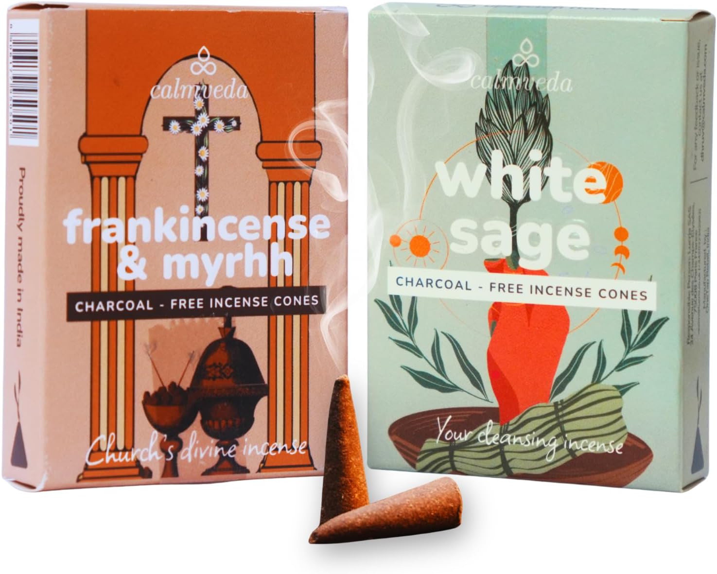 Calmveda Spiritual Incense Cones Bundle - 24 Dhoop Cones (White Sage Incense Cones & Frankincense Cones) | Charcoal-Free & Handmade from Upcycled Sacred Flowers | Energy Cleansing & Meditation Gift