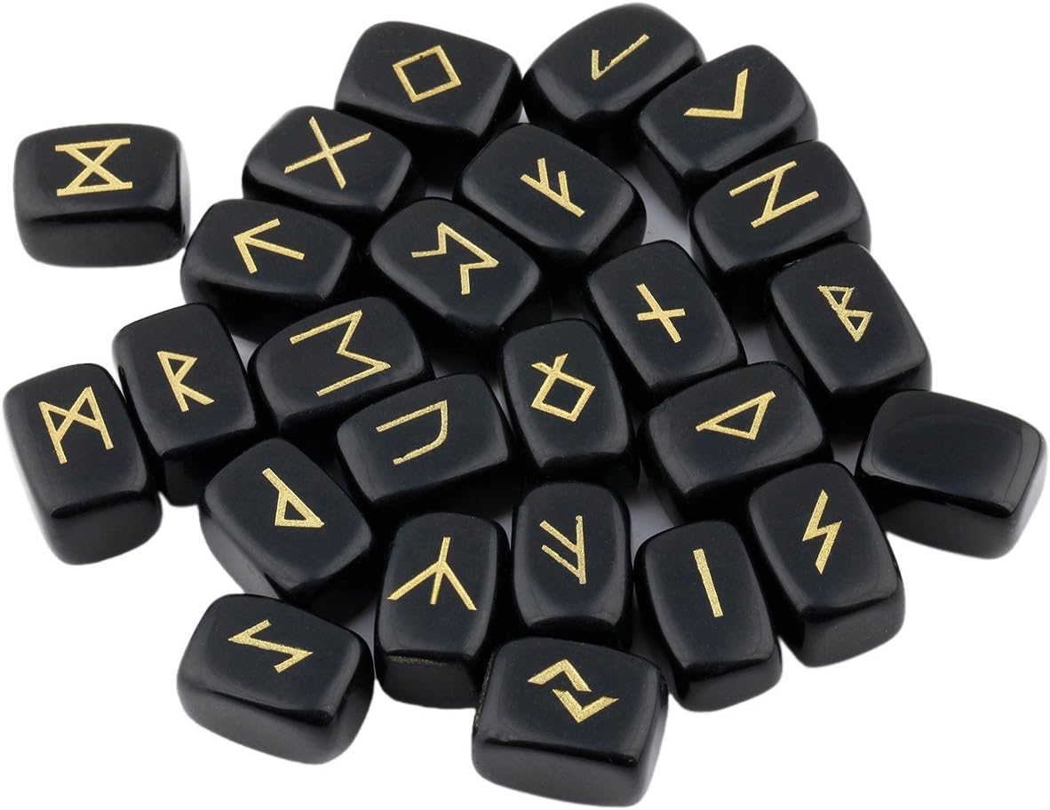 rockcloud Black Obsidian Rune Stones Tumbled Engraved Lettering Crystal Set for Wicca Crystals Healing Chakra Reiki - Image 3