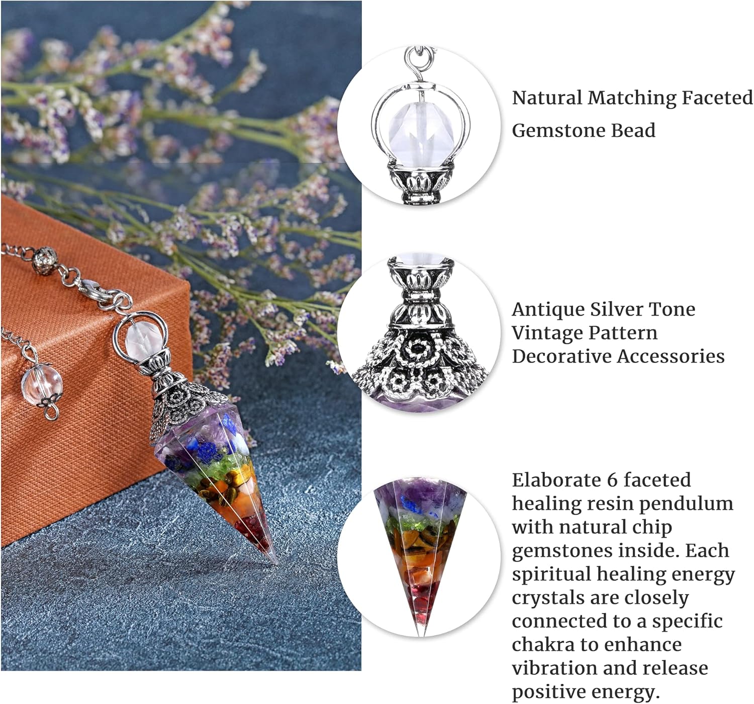 GEHECRST Natural 7 Chakra Healing Crystal Dowsing Pendulum Reiki Gemstone Chips Orgone Pendulum 6 Faceted Hexagonal Pointed Resin Spiritual Pendant for Divination, Wicca, Energy Balancing - Image 5