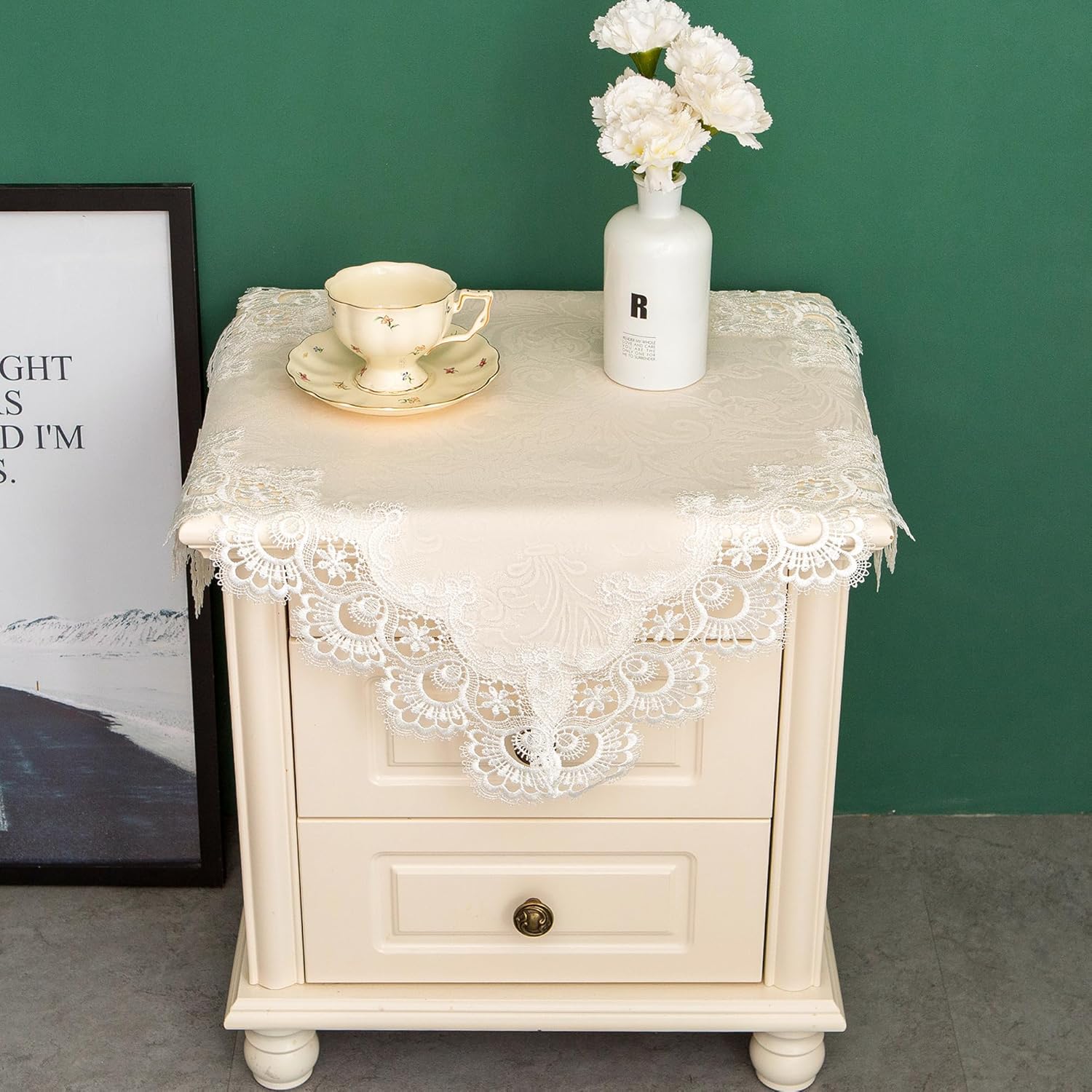 Lace Small Square Tablecloth Embroidered Farmhouse Table Cloth with Macrame Border Side Table Cover for Dresser Beside Tables Nightstand White 24x24 inch - Image 3