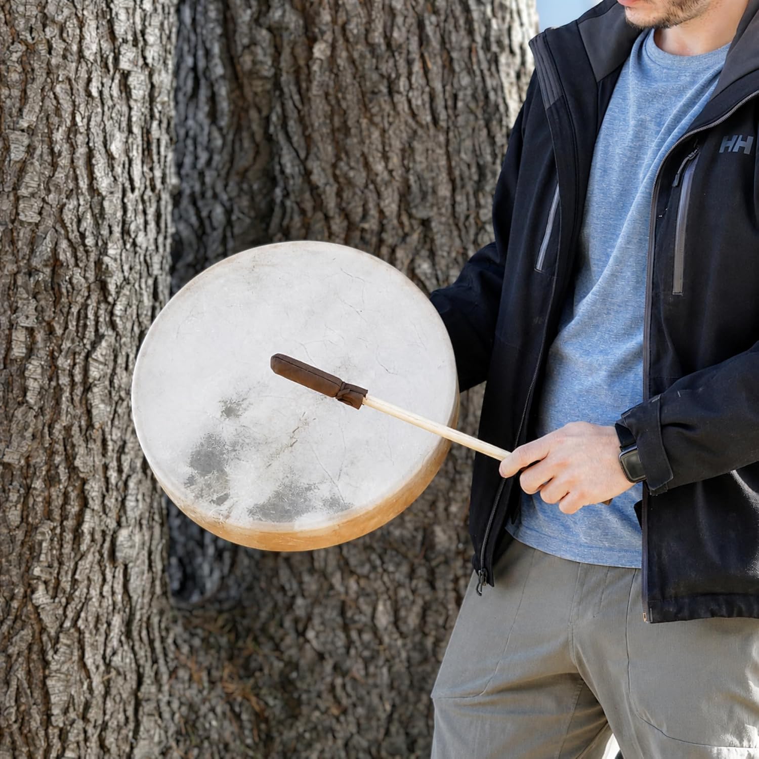 GMP Traditional Frame Drum/Bodhran with Handle, 15" Diameter | Natural Goatskin Head, Comes with Wood and Leather Mallet - Image 4