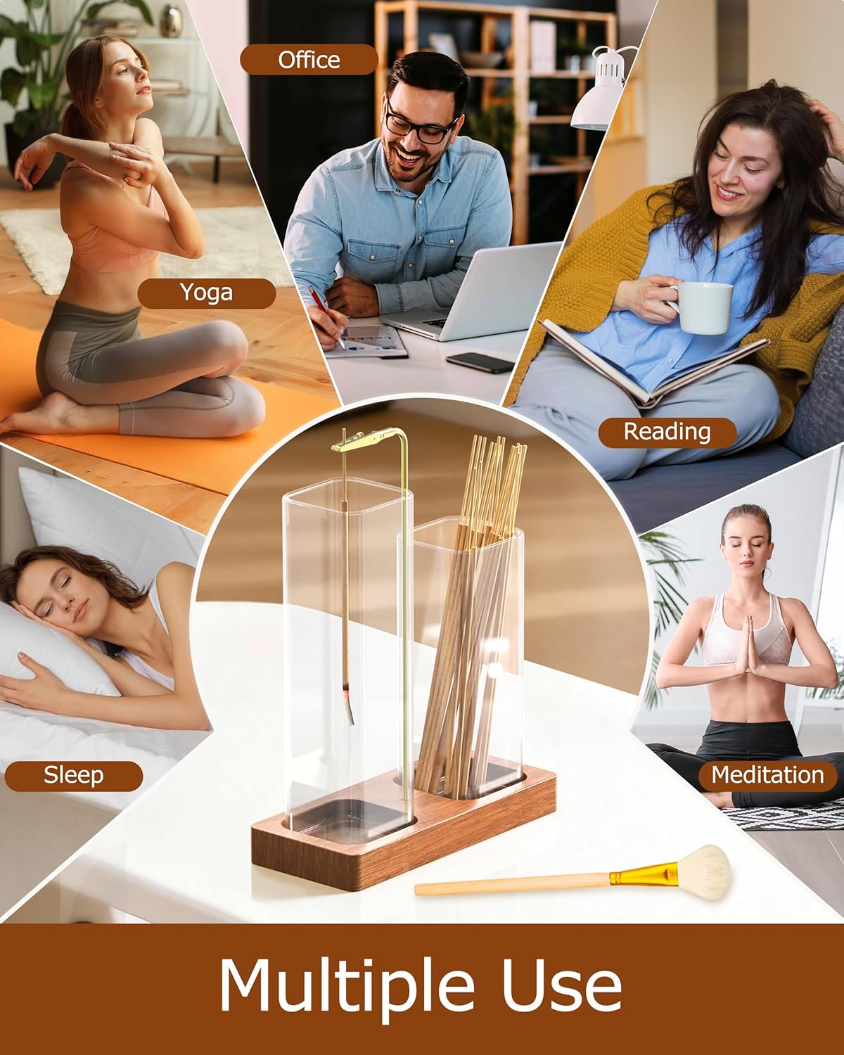 2 in 1 Incense Holder with Glass Jars, Large Incense Holder for Sticks, Upside Down Incense Burner with Ash Catcher & Storage for Meditation Yoga Spa Home Decor - 20 Incense Sticks & Brush - Image 8