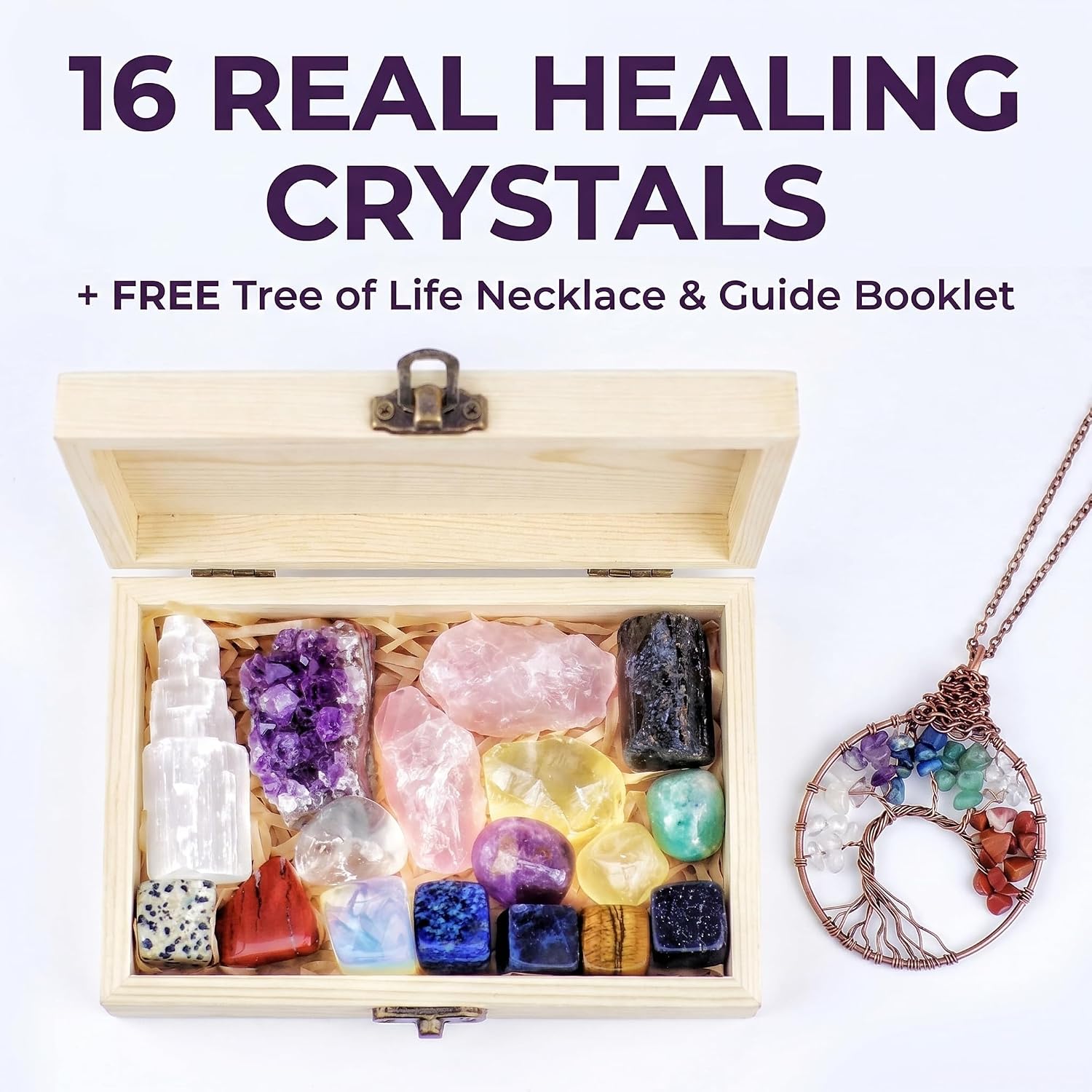 AtPerry's Healing Crystals Set - 16 Real Chakra Crystals & Stones for Stress & Anxiety Relief, Wooden Gift Box + Tree of Life Necklace + Guide Book, Selenite Amethyst Rose Quartz - Gift for Women - Image 5