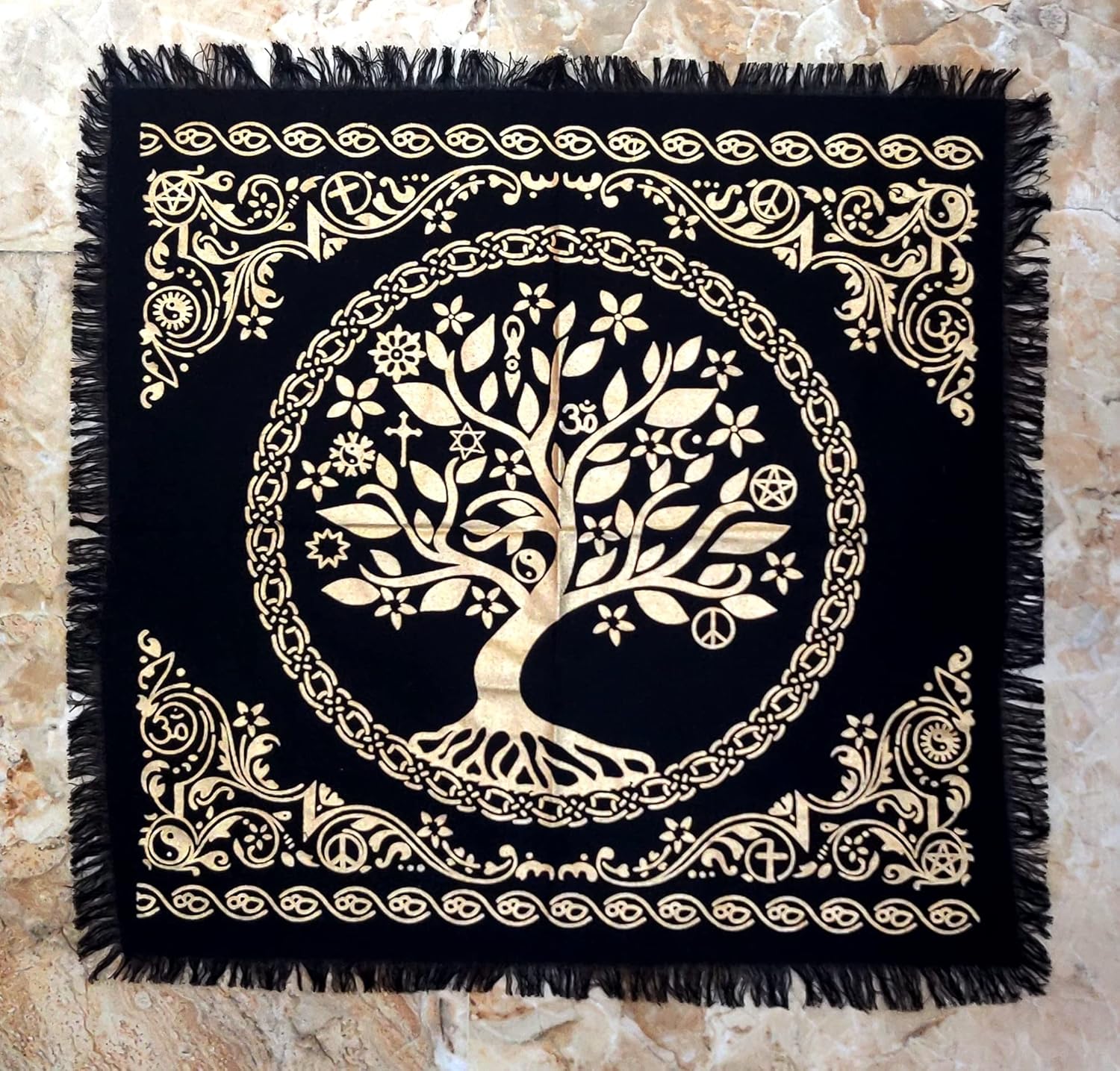 INDACORIFY Tree of Life Altar Table Top Cloth with Fringes Alter Tarot Witchcraft Spread Witchery Supplies Sacred Cloth 18x18 in (Gold Tree of Life)