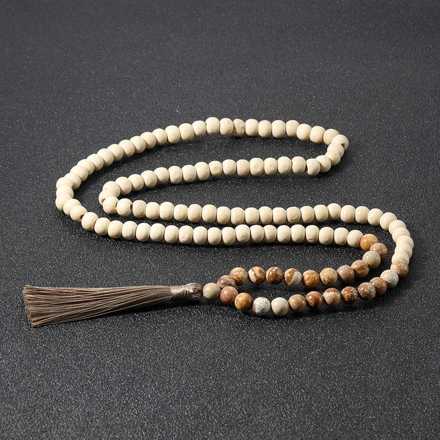 8MM Semi-Precious Gem Stones Wood Mala Bead Necklace Multicolor Tassel Charms Chain Necklace Handmade Beaded Pendant Necklace for Women Men - Image 5