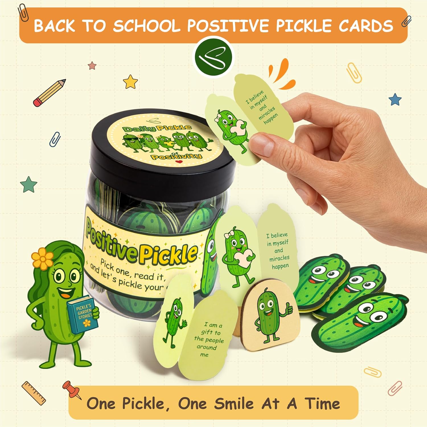 Stofinity 60 Positive Pickle Affirmation Cards Jar - Encouragement, Positivity & Emotional Support Gift for Teen Girls Trendy Stuff, Back to School Teacher Gifts, Women, Daughters, Sisters & Friends - Image 3