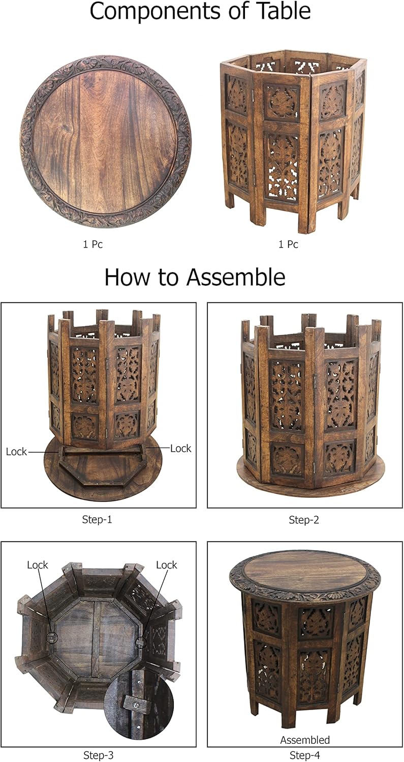 Solid Wood Accent End Table - Hand Carved Vintage Boho Folding Side Table - Small Spaces Entryway Farmhouse Living Room Bedside - No Tools Assembly -18x18 Round - Jaipur Antique Brown -Cotton Craft - Image 9