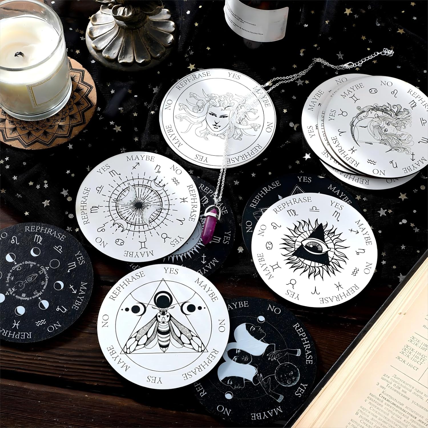 Sureio 13 Pieces Star Pendulum Board Dowsing Divination Set Included Double Sided Wooden Boards with Healing Pendulum Crystal Necklace Witchcraft Wiccan Altar Supplies - Image 4