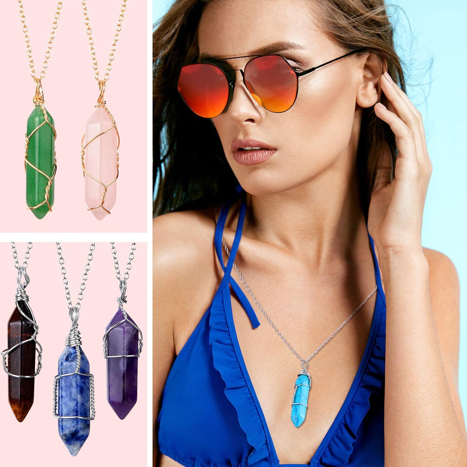 10 Pieces Hexagonal Crystal Pendant Necklace, Natural Quartz Stone Pendant Necklace, Healing Crystal Full Wire Wrap Gemstone Necklace for Women Girls - Image 6