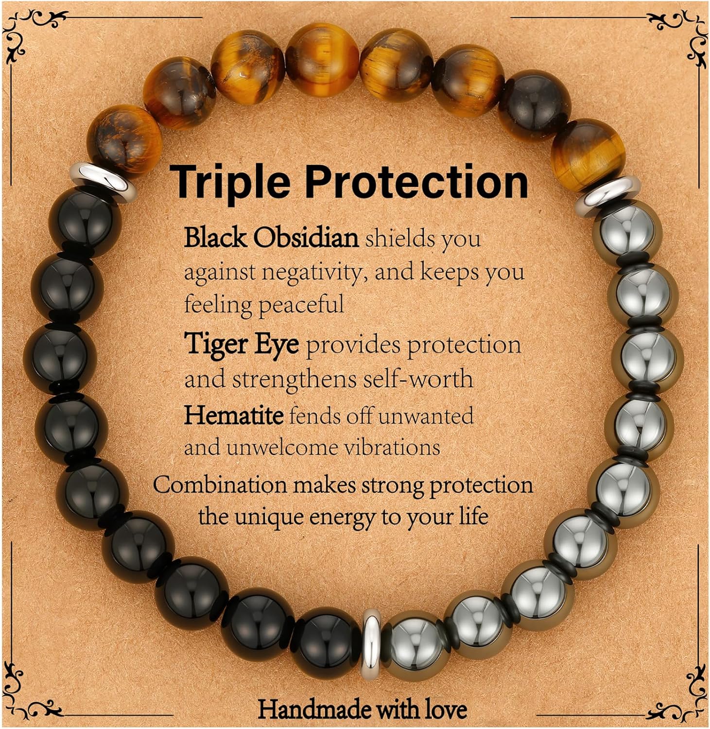 Gnamy Natural Stone Bracelet Gifts for Men- Triple Protection Hematite Black Obsidian Tiger Eye Gemstone Beaded Bracelets Birthday Healing Jewelry Gifts