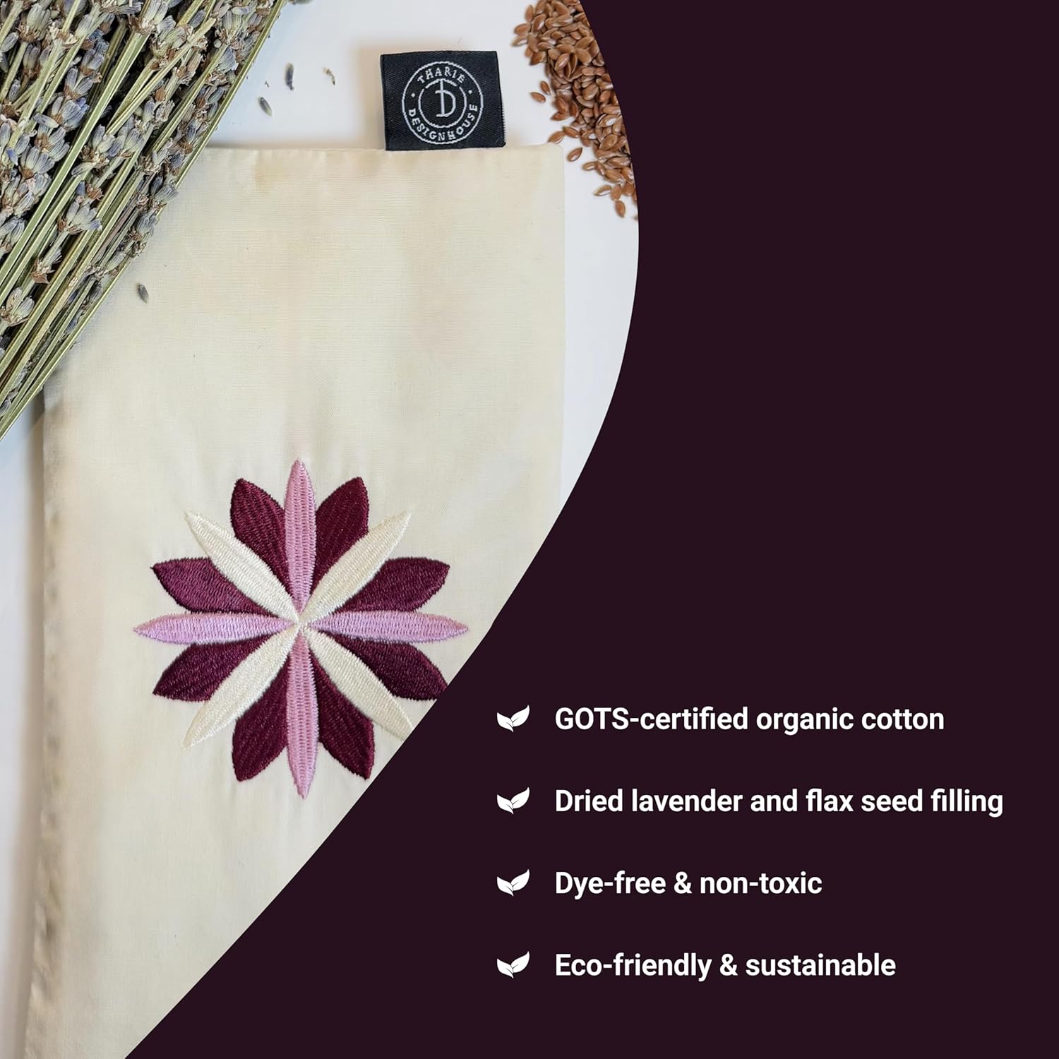Tharie Organic Cotton Aromatherapy Eye Pillow with Flaxseed & Lavender, Hot & Cold Use, 23 x 13 cm - Image 3