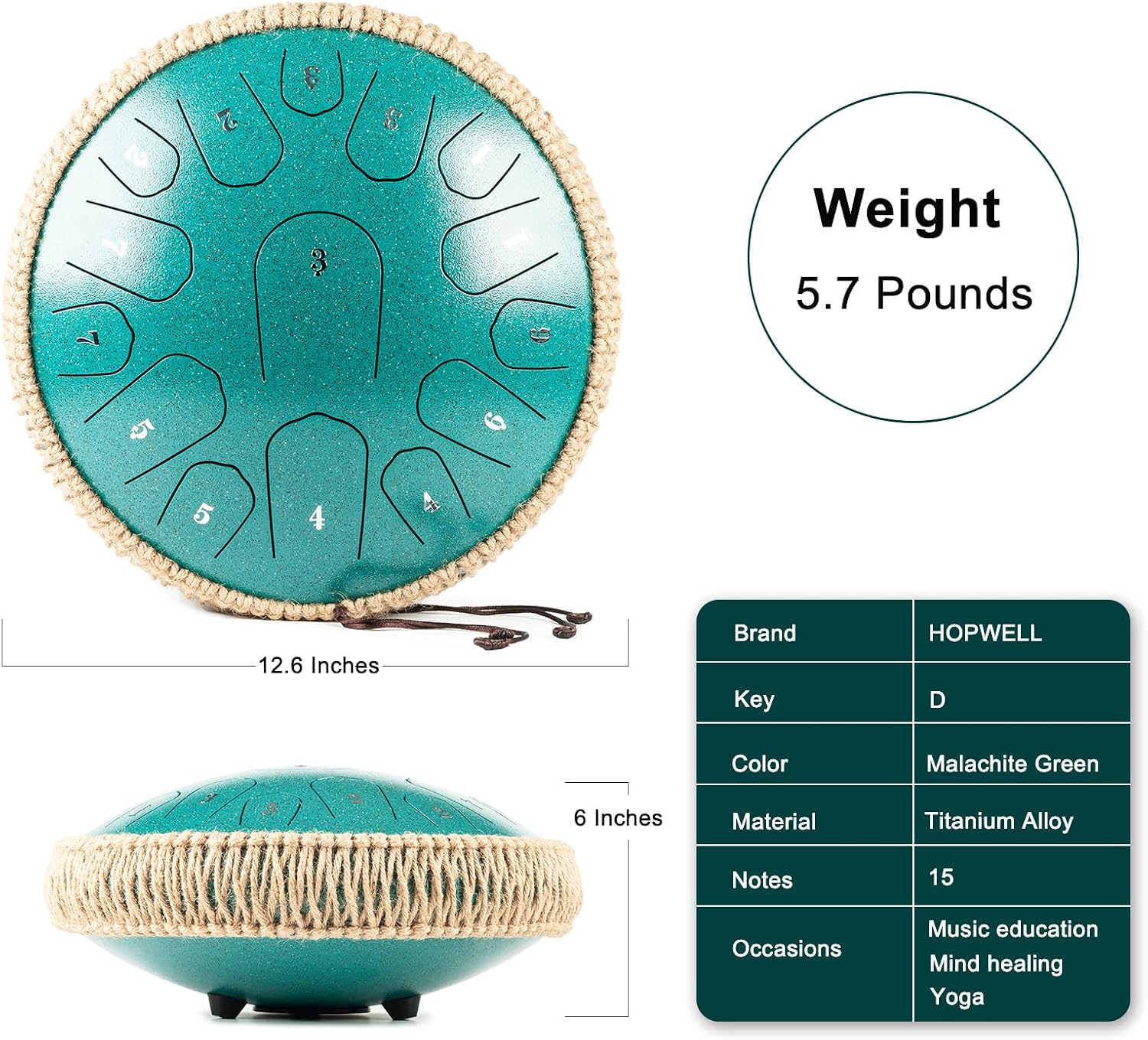 HOPWELL Steel Tongue Drum - 13 Inches 15 Notes Tongue Drum - Hand Pan Drum with Music Book, Handpan Drums Mallets and Carry Bag, D Major (Malachite Green) - Image 5