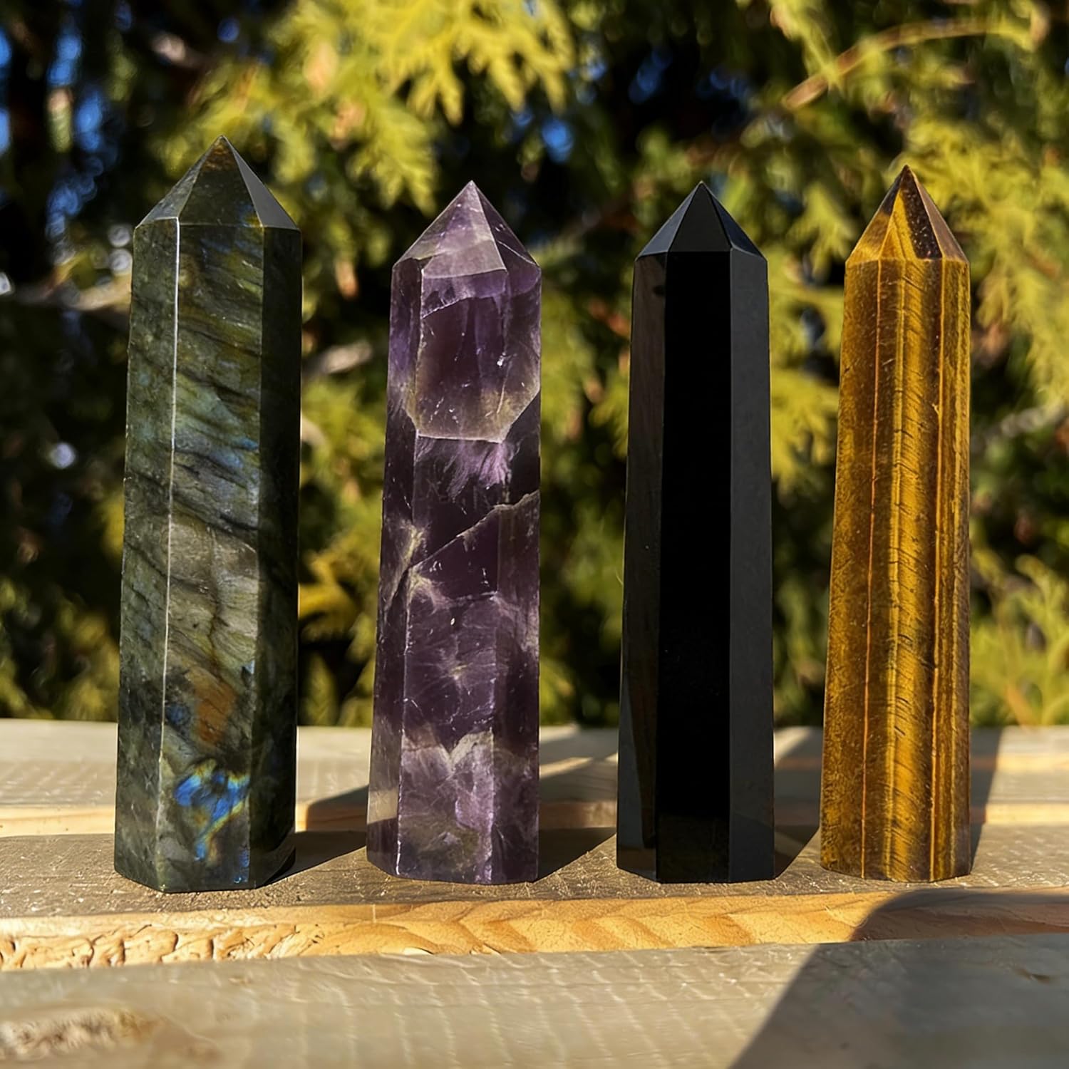 4Pcs 5.9 Inch Natural Crystal Obelisk Tower Set, Polished Hexagonal Point Wand, Obsidian Labradorite Amethyst Tiger's Eye Stone, Reiki Healing Crystal Obelisk Statue, Home Desktop Decor Spiritual Gift - Image 3