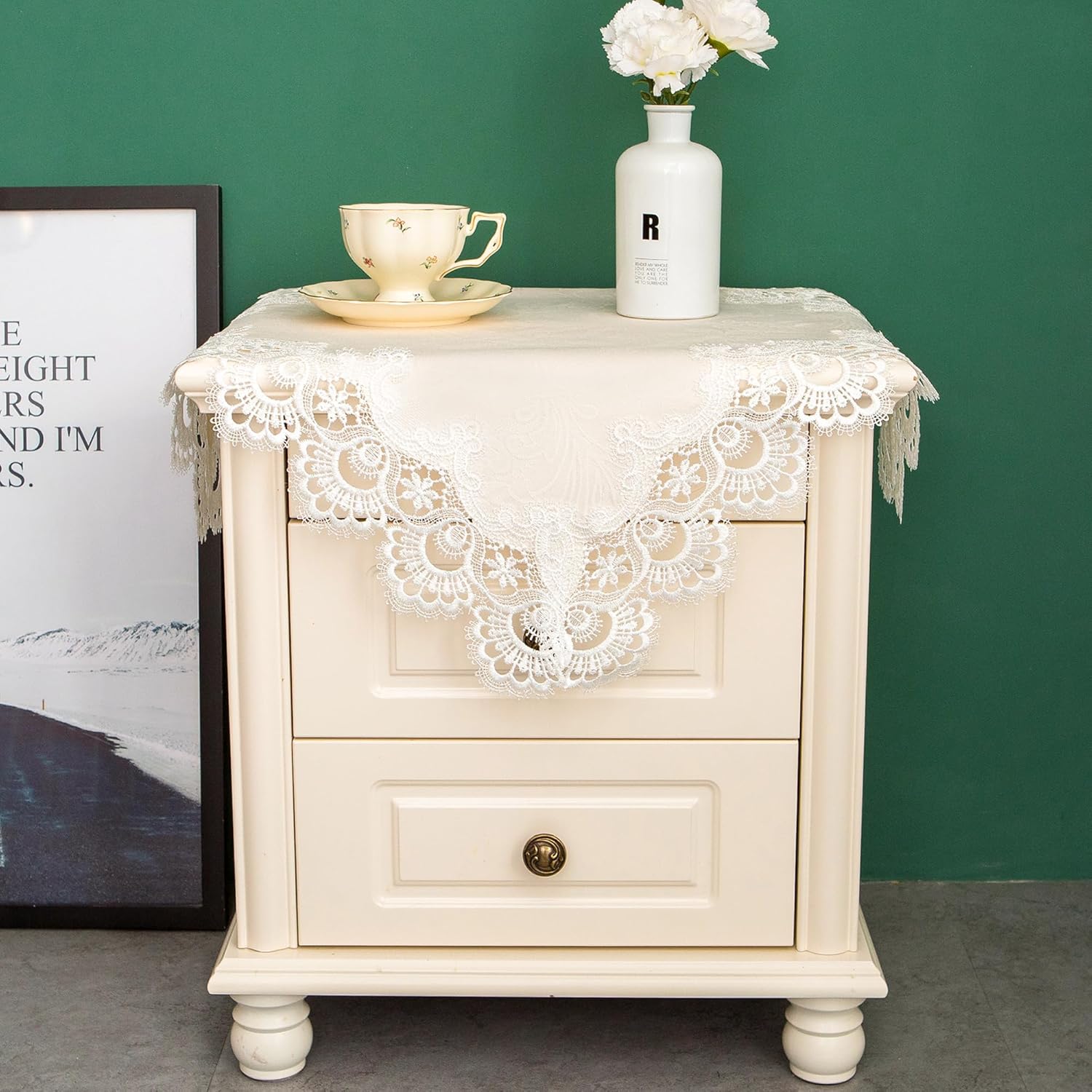 Lace Small Square Tablecloth Embroidered Farmhouse Table Cloth with Macrame Border Side Table Cover for Dresser Beside Tables Nightstand White 24x24 inch - Image 2