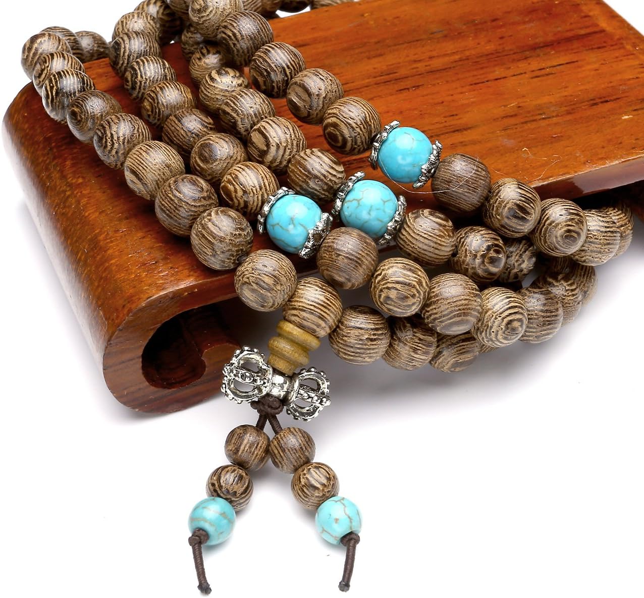 Top Plaza Unisex 108 Natural Wood 6mm 8mm Beads Bracelet Buddhist Rosary Mala Necklace(8mm Sandalwood Duobao) - Image 3