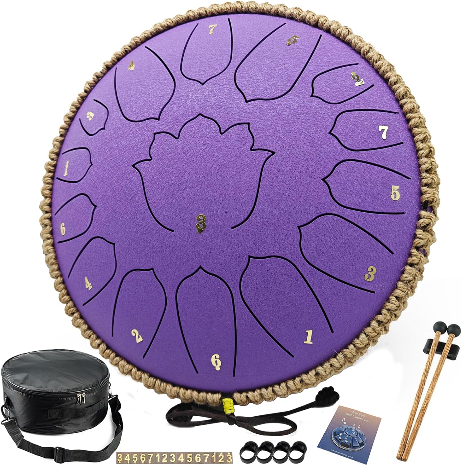 BETESINE 13-Inch 15-Note Steel Tongue Drum, C Major, Violet | Beginner set with mallets, music book, note labels and carrying bag for practice, meditation, yoga and gifting