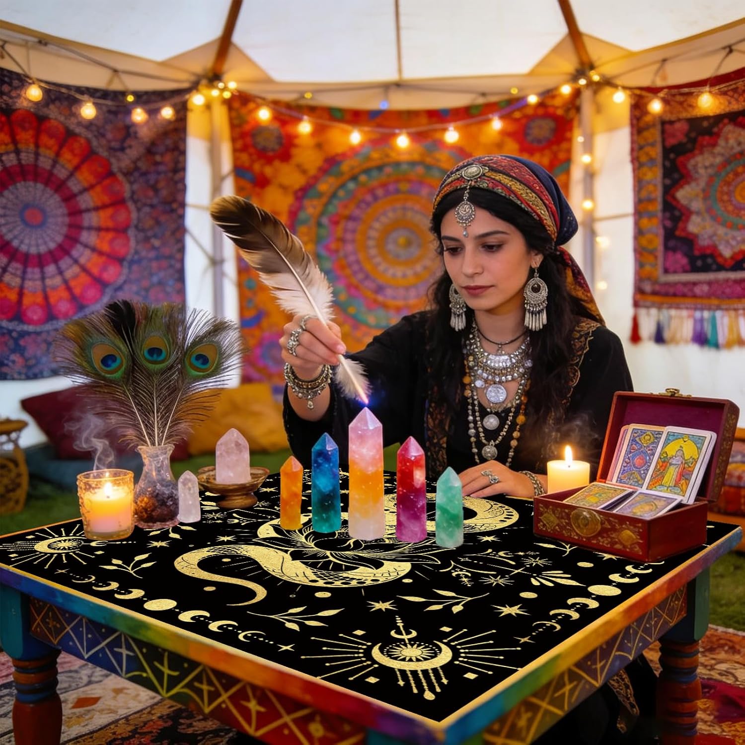 Tarot Altar Cloth Moon Snakes Lotuses Card Table Tablecloth | Black Tablecloth with Velvet Tarot Card Bag for Reading Rituals Crystals Spiritual Divination Witchcraft Supplies - Image 6