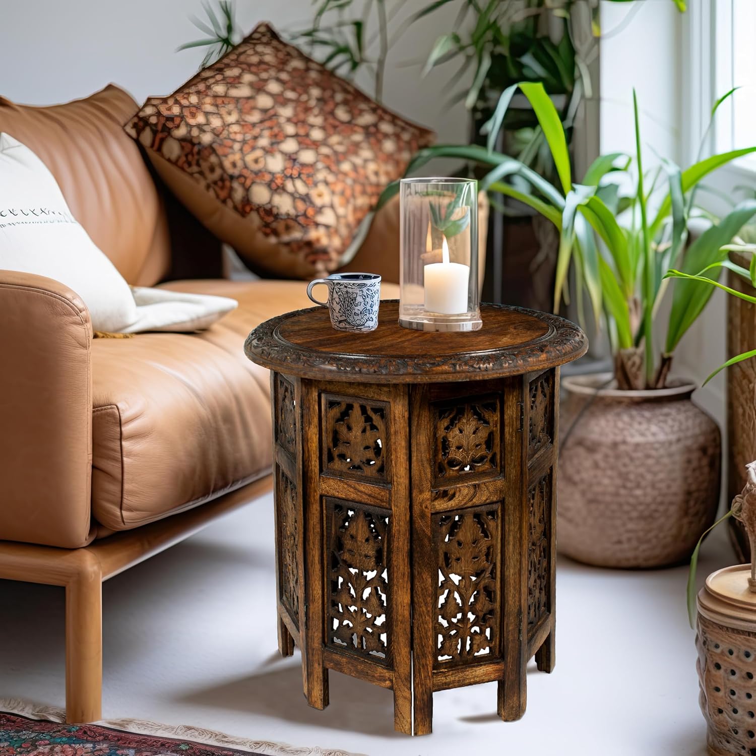 Solid Wood Accent End Table - Hand Carved Vintage Boho Folding Side Table - Small Spaces Entryway Farmhouse Living Room Bedside - No Tools Assembly -18x18 Round - Jaipur Antique Brown -Cotton Craft - Image 5