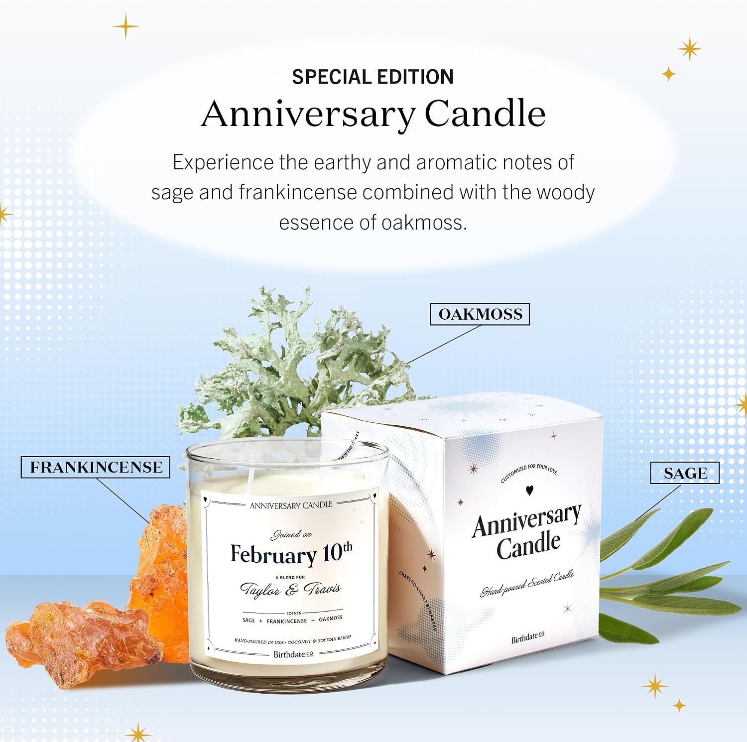 Anniversary Candle by Birthdate Co. - Scented Candles Anniversary Gift for Couple, Him & Her - Sage, Frankincense & Oakmoss Scent - All-Natural Soy & Coconut Wax, 60-80 Hour Burn Time - Made in USA - Image 4