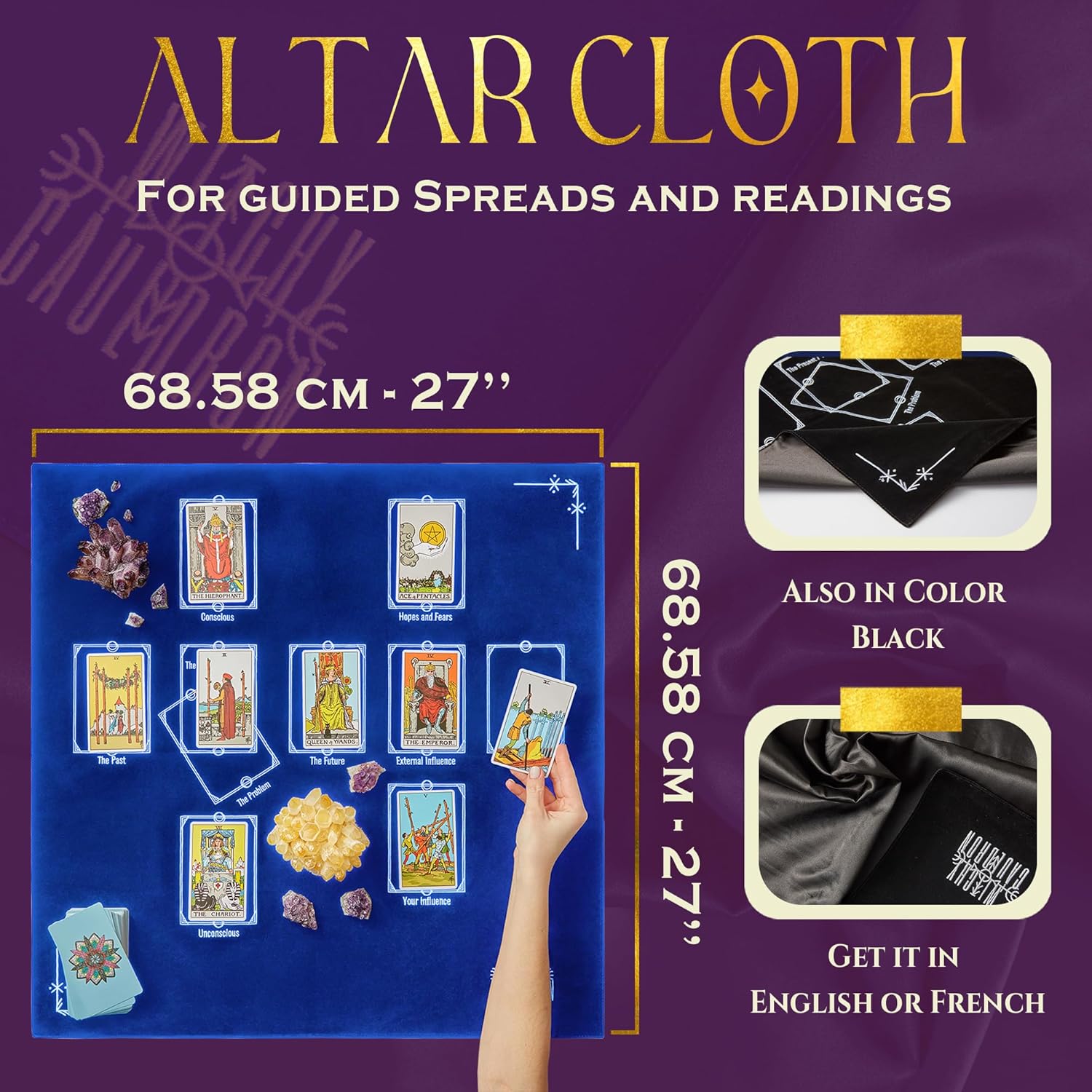 Tarot Cloth for Reading - Embroidered Velvet Altar Cloth with Celtic Cross Spread Guide, 10 Numbered Card Positions, 27x27 Inch Divination Table Cloth, Witchy Tarot Mat for Beginners & Readers (Black) - Image 3