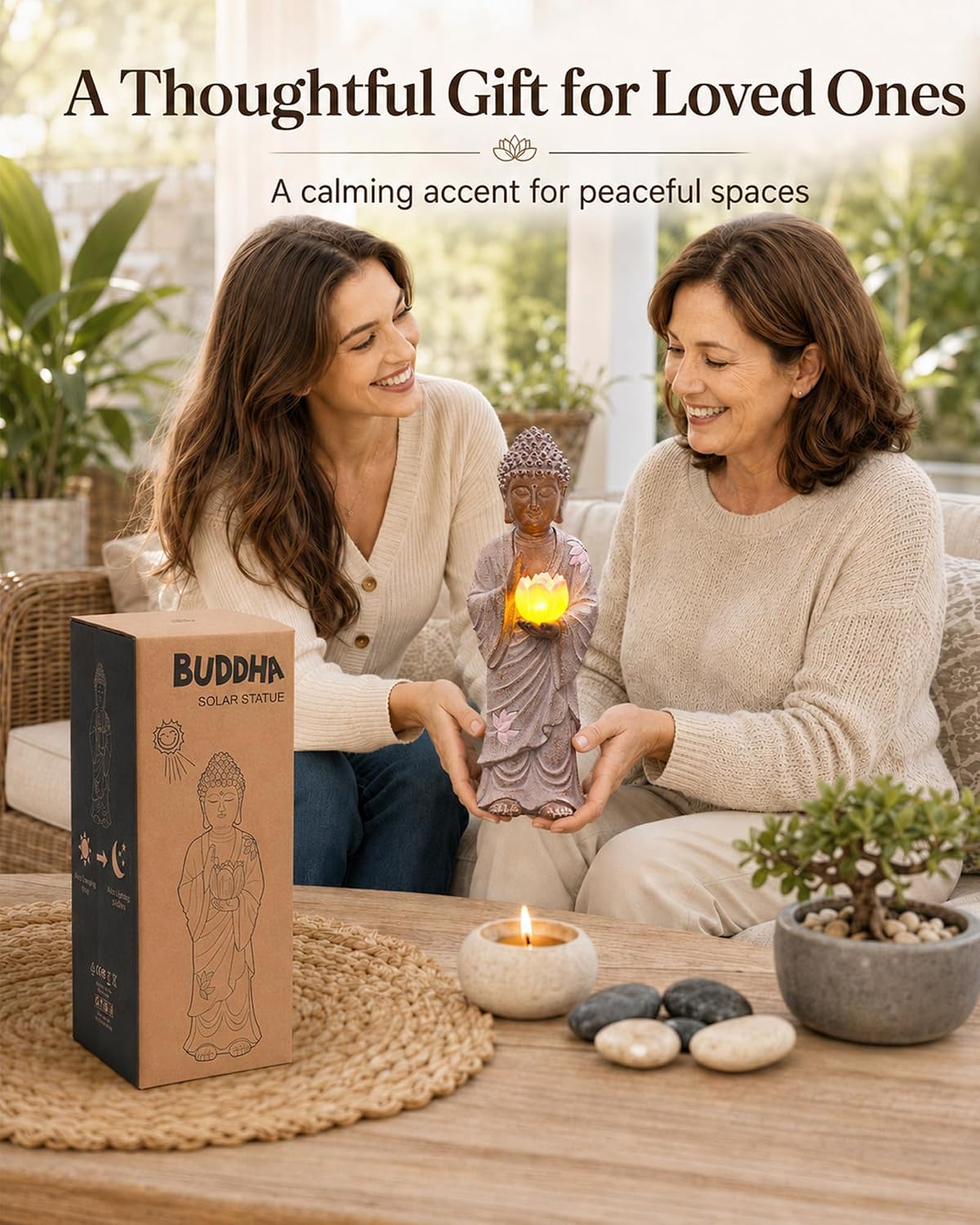 Nacome Solar Buddha Garden Statue Decor: Standing Resin Figurine with Lotus Flower Light Zen Sculpture for Patio Lawn Yard Porch Balcony Meditation Space - 11 inches(White) - Image 2
