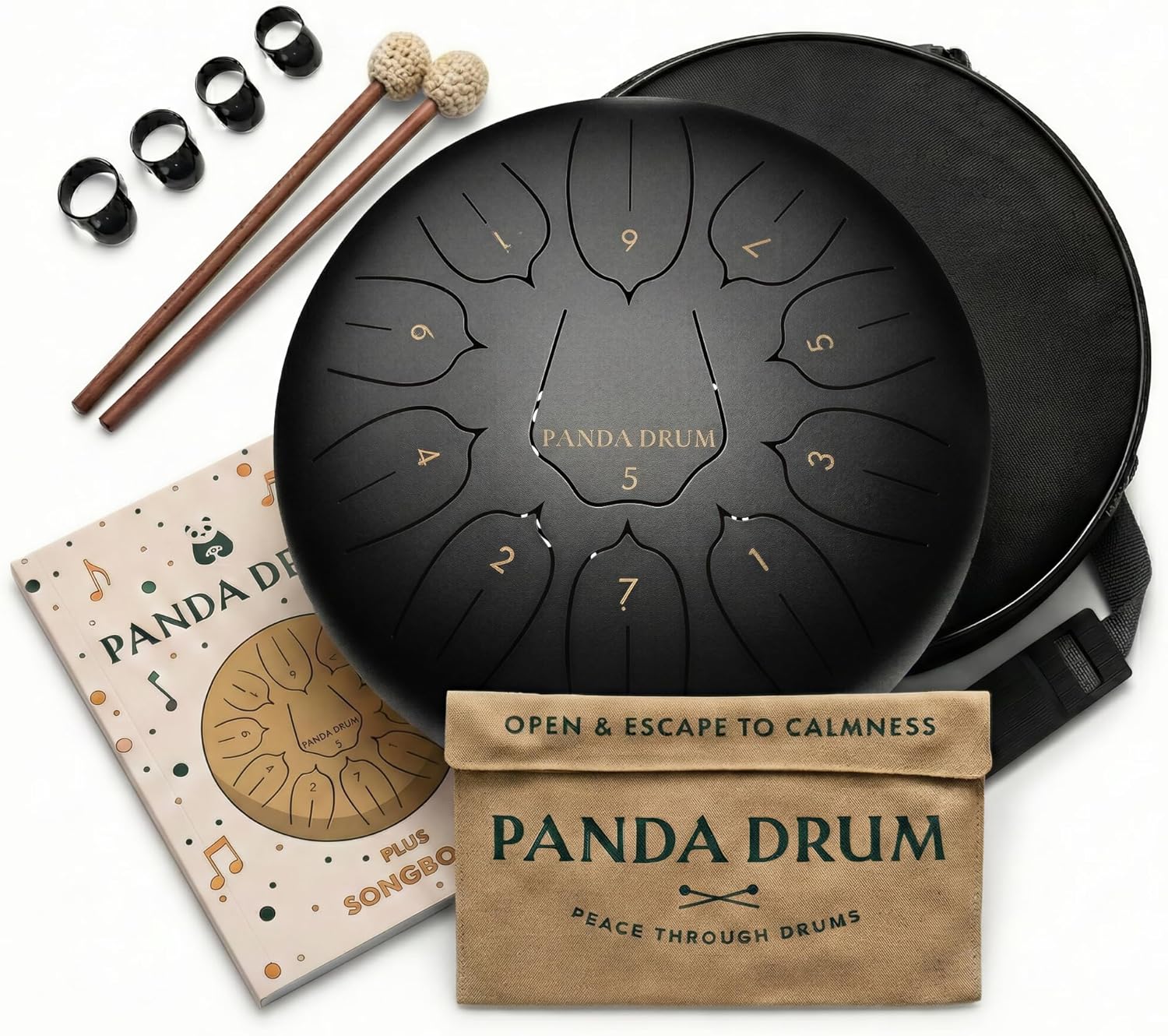 Panda Drum Plus (Black) | Steel Tongue Handpan with Music Book, Mallets, Carrying Bag & Finger Picks | 11 inch, 432 Hz | Rain Drum for Inside & Outside | Calming Musical Instrument for Adults & Kids