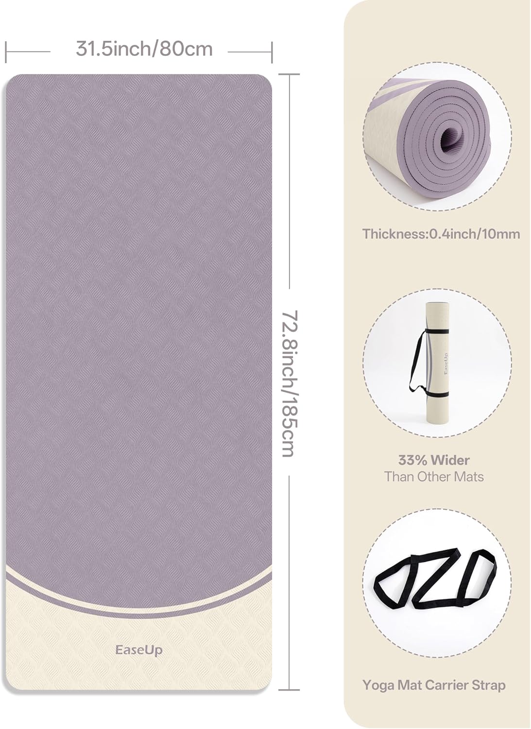 EaseUp Extra Thick Yoga Mat -2/5 inch (10MM), 72.8x31.5" Extra Long-Wide, Professional TPE Non-slip yoga mats for Yoga,Exercise, Workout,Pilates and Fitness, with strap - Image 2