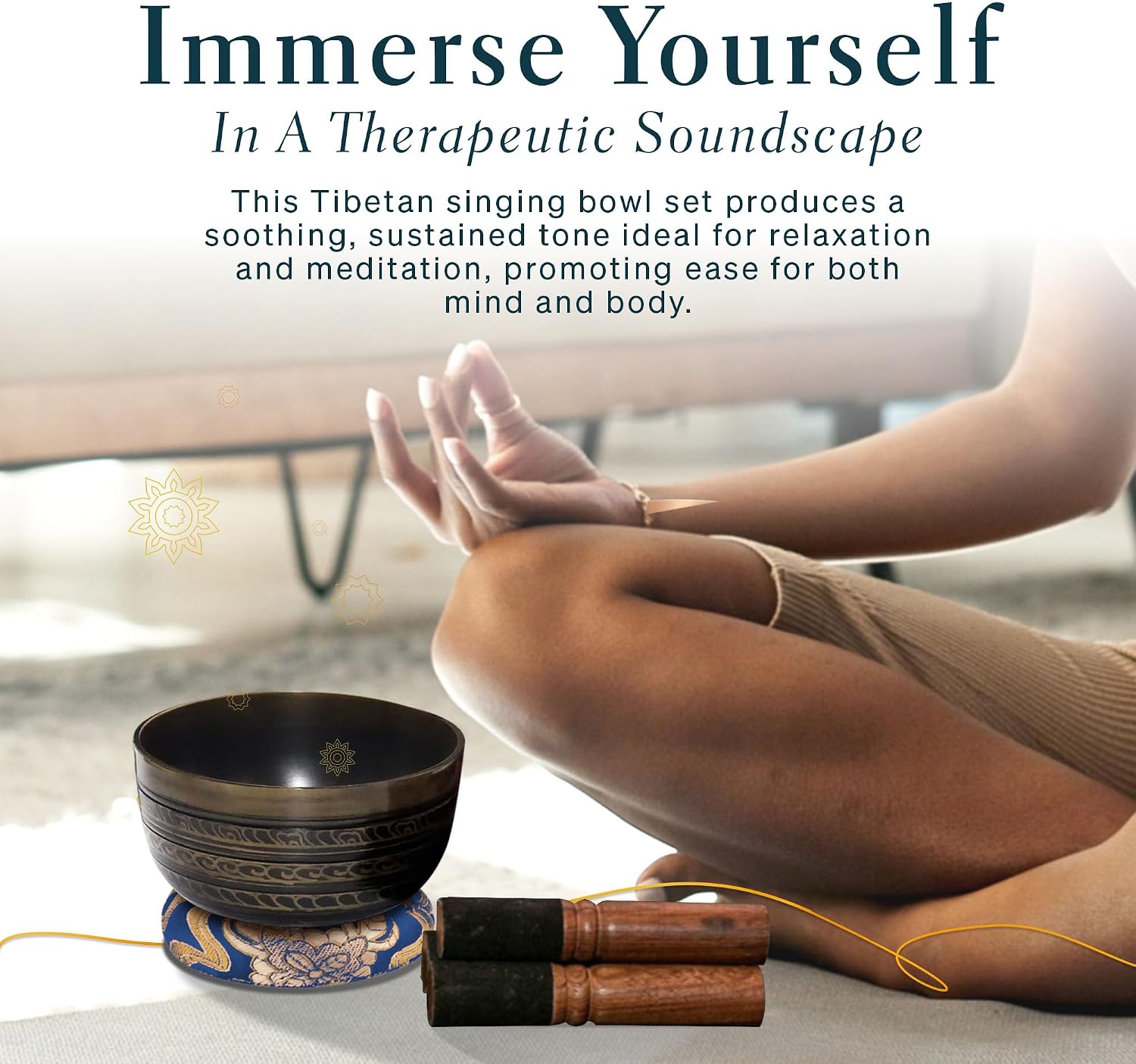 Tibetan Singing Bowl Set of 7, Handmade Singing Bowl for Meditation & Holistic Healing, Yoga Accessories, 3-5” Brass Singing Bowls with Wooden Striker, Cushion & Gold Carry Box - Image 5
