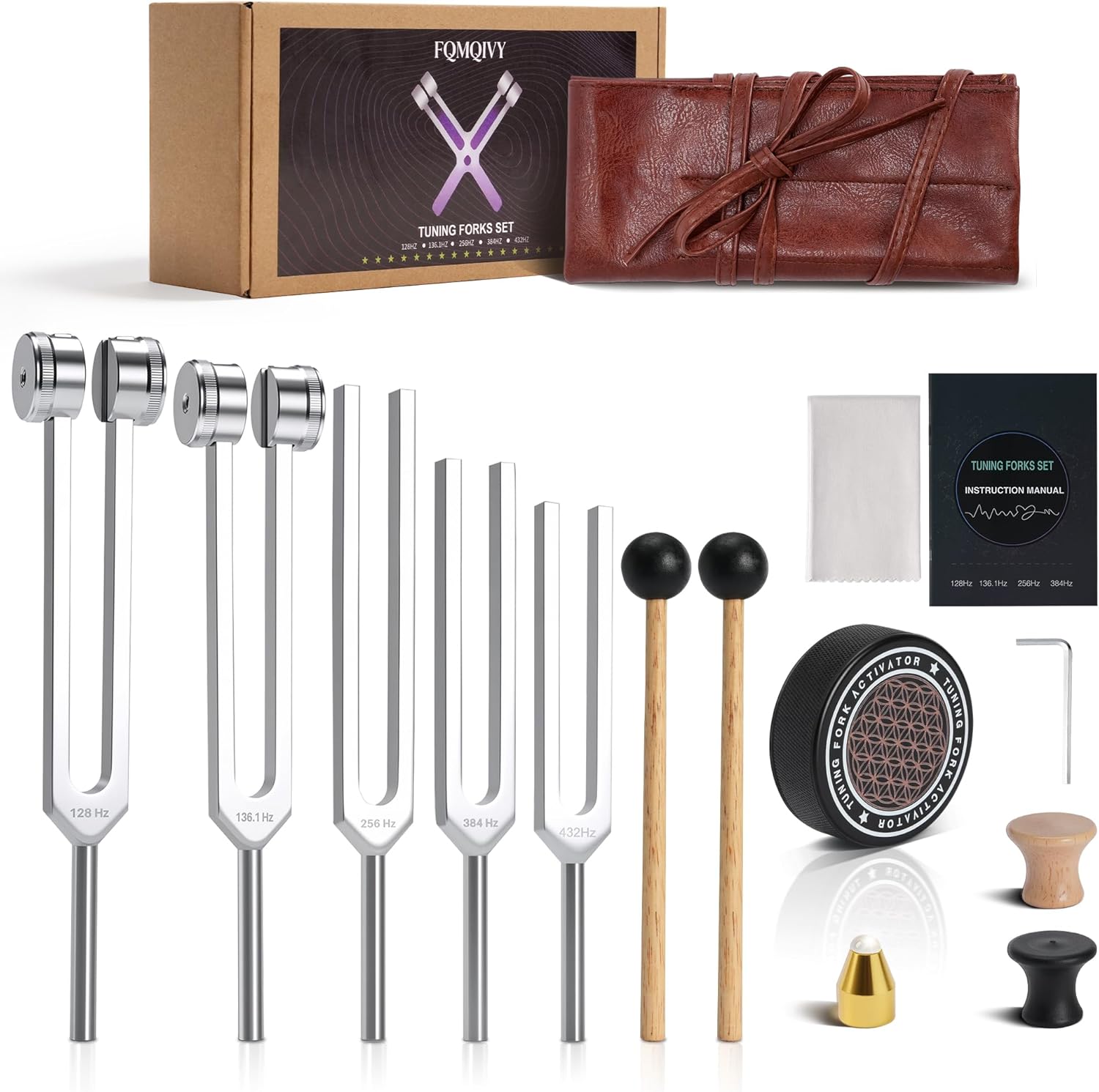 Tuning Forks for Healing Set - 128Hz 136.1Hz 256Hz 384Hz 432Hz, Weighted & Unweighted Tuning Forks with Vegan Leather Pouch & Activator, 128 Hz Tuning Fork for Chakra, Yoga, Meditation & Gift
