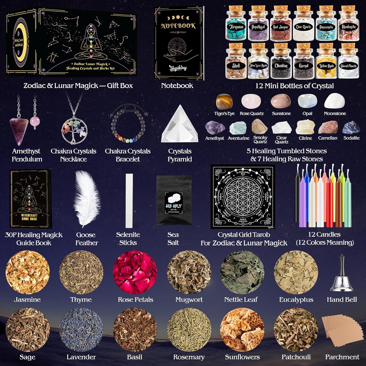 Witchcraft Supplies Kit, 80Pack Witch Starter Kit Wiccan Supplies and Tools Witchy Gifts for Beginners, Spell Candles, Chakra Healing Crystals and Dried Herbs for Zodiac and Lunar Magick - Image 2