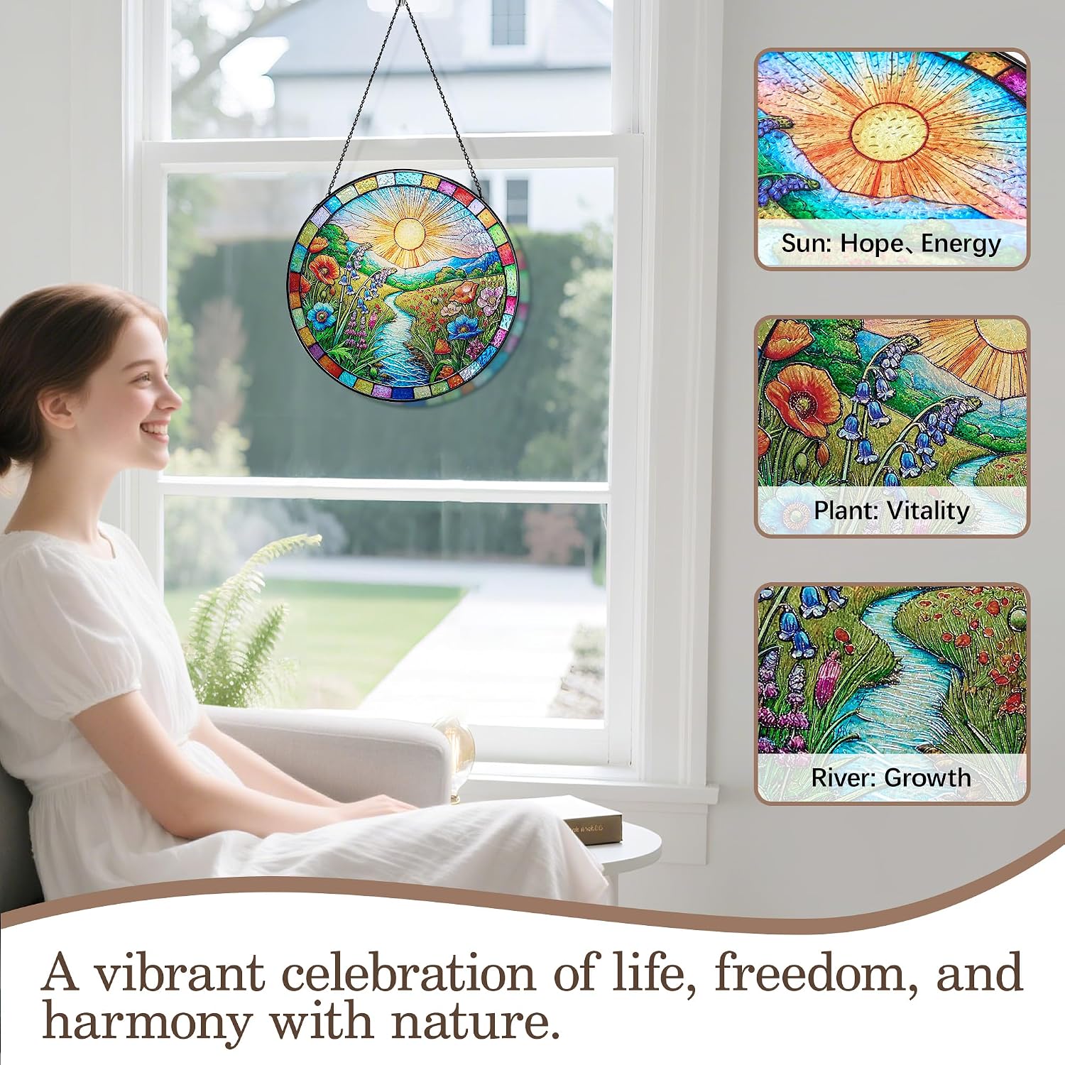 Stained Glass Window Hanging, Scenery Sun Catchers Stained Glass Panels for Indoor Windows Wall Art Decor, Birthday Gift for Mom Women Wife Men Lovers (7.87inch) - Image 2