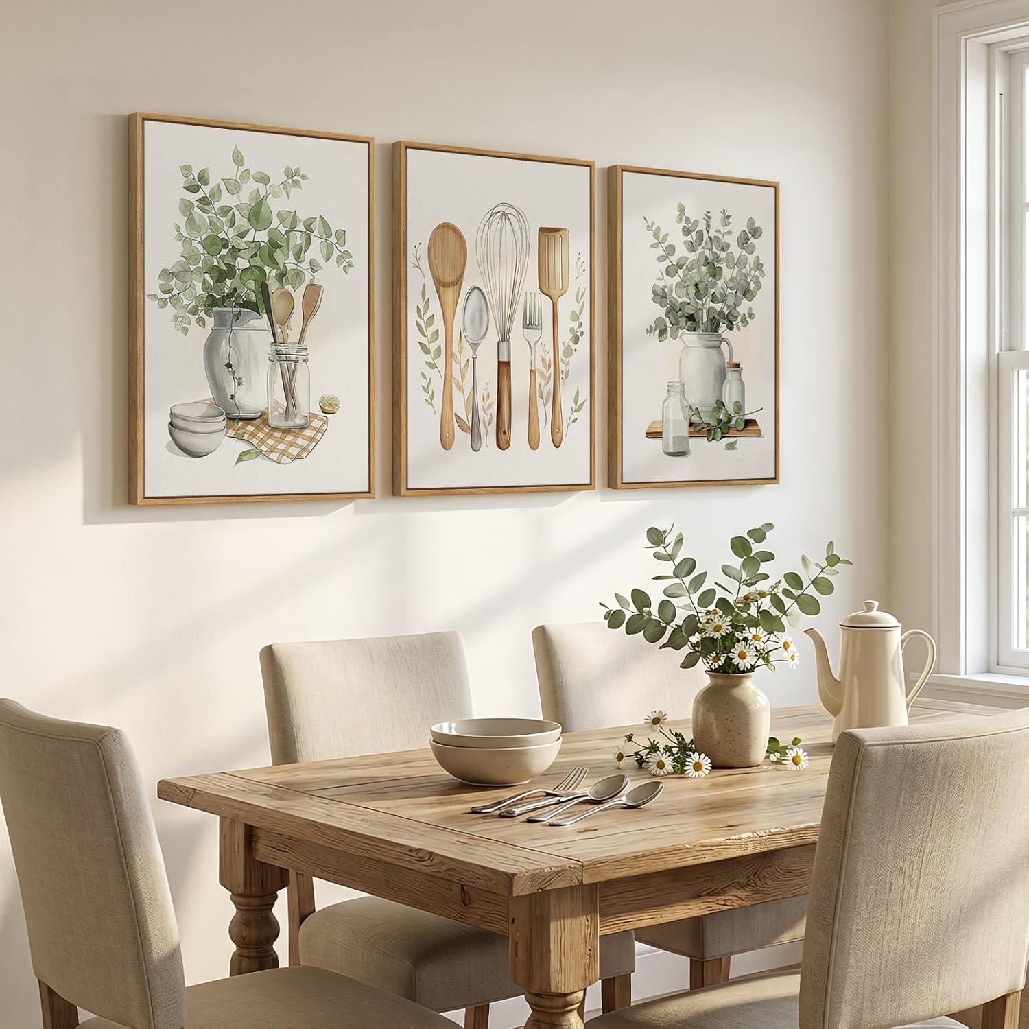 Framed Botanical Wall Art for Kitchen, 3 Piece Modern Farmhouse Sage Green Plant Canvas Painting Prints, Vintage Rustic Farmhouse Utensil Artwork for Kitchen Dining Room Coffee Bar Wall Decor, 16x24 - Image 2