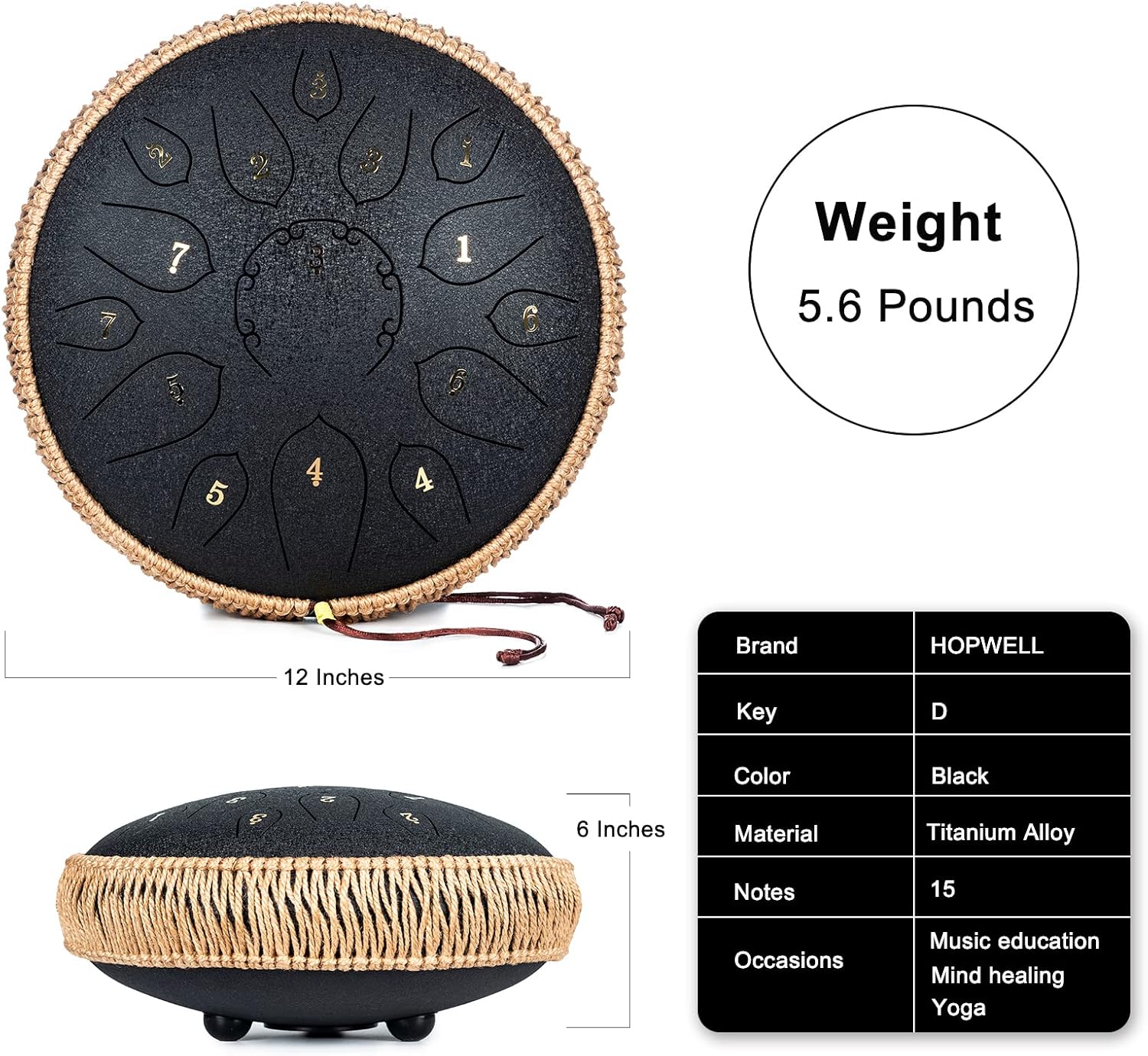 HOPWELL Steel Tongue Drum - 15 Note 12 Inch Tongue Drums - Percussion Instruments - Hand Pan Drum with Music Book, Drum Mallets and Carry Bag, D Major, Black - Image 5