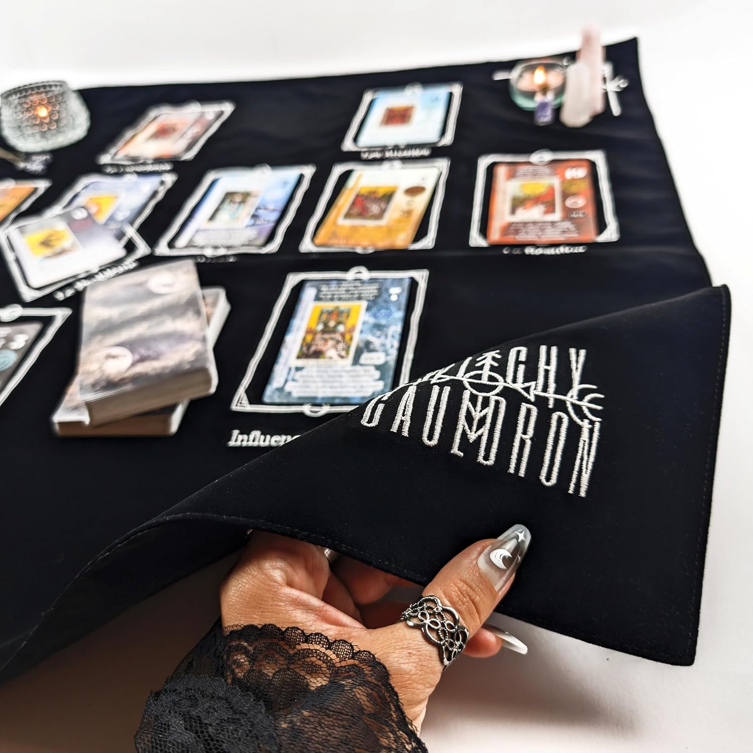 Tarot Cloth for Reading - Embroidered Velvet Altar Cloth with Celtic Cross Spread Guide, 10 Numbered Card Positions, 27x27 Inch Divination Table Cloth, Witchy Tarot Mat for Beginners & Readers (Black) - Image 8