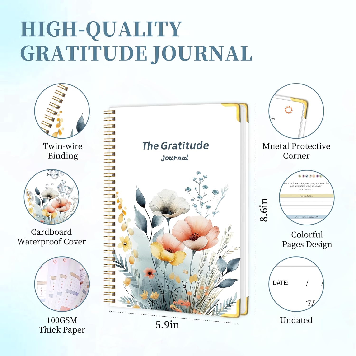 The Gratitude Journal for Women & Men, Hardcover Spiral 5 Minute Daily Gratitude Journal for More Happiness, Optimism, Affirmation & Reflection with Prompts & Quotes, Undated Daily Journals(93 pages / 3 months supply) Gifts - Image 3